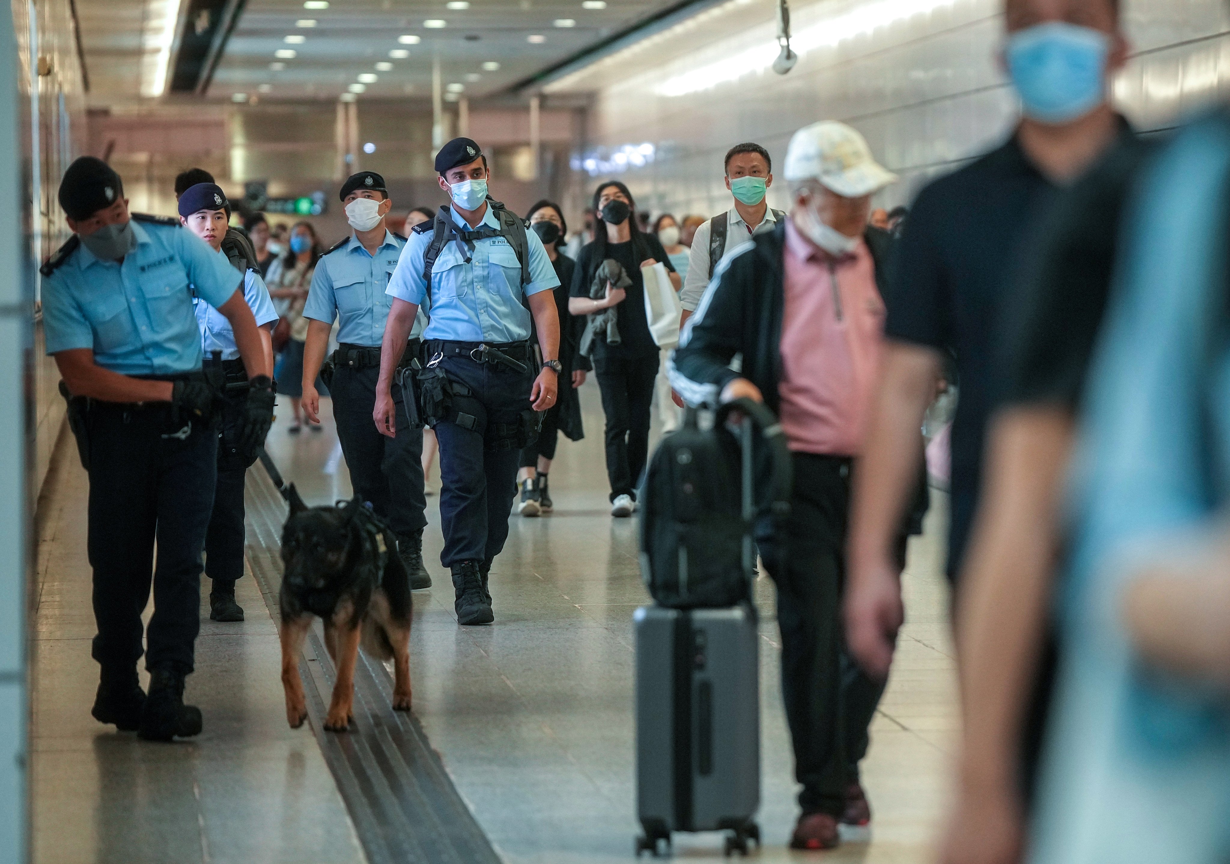Police officers on patrol in Hong Kong MTR station. Photo: Elson Li