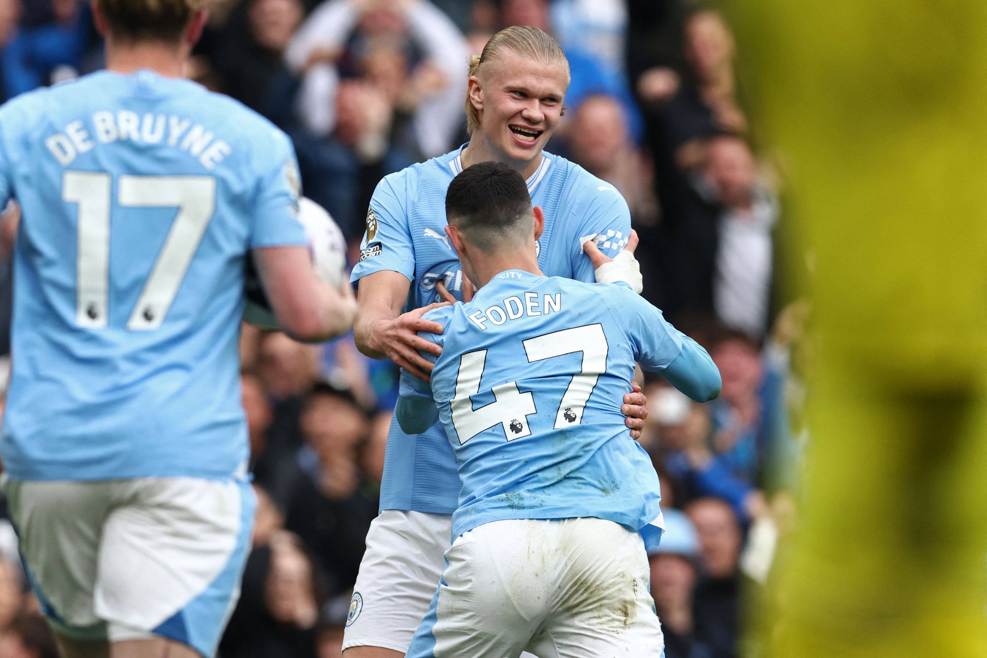 Manchester City’s Erling Haaland (facing camera) and teammates Phil Foden and Kevin De Bruyne will be among the most selected players for Double Gameweek 37 as City play two matches in that period. Photo: AFP