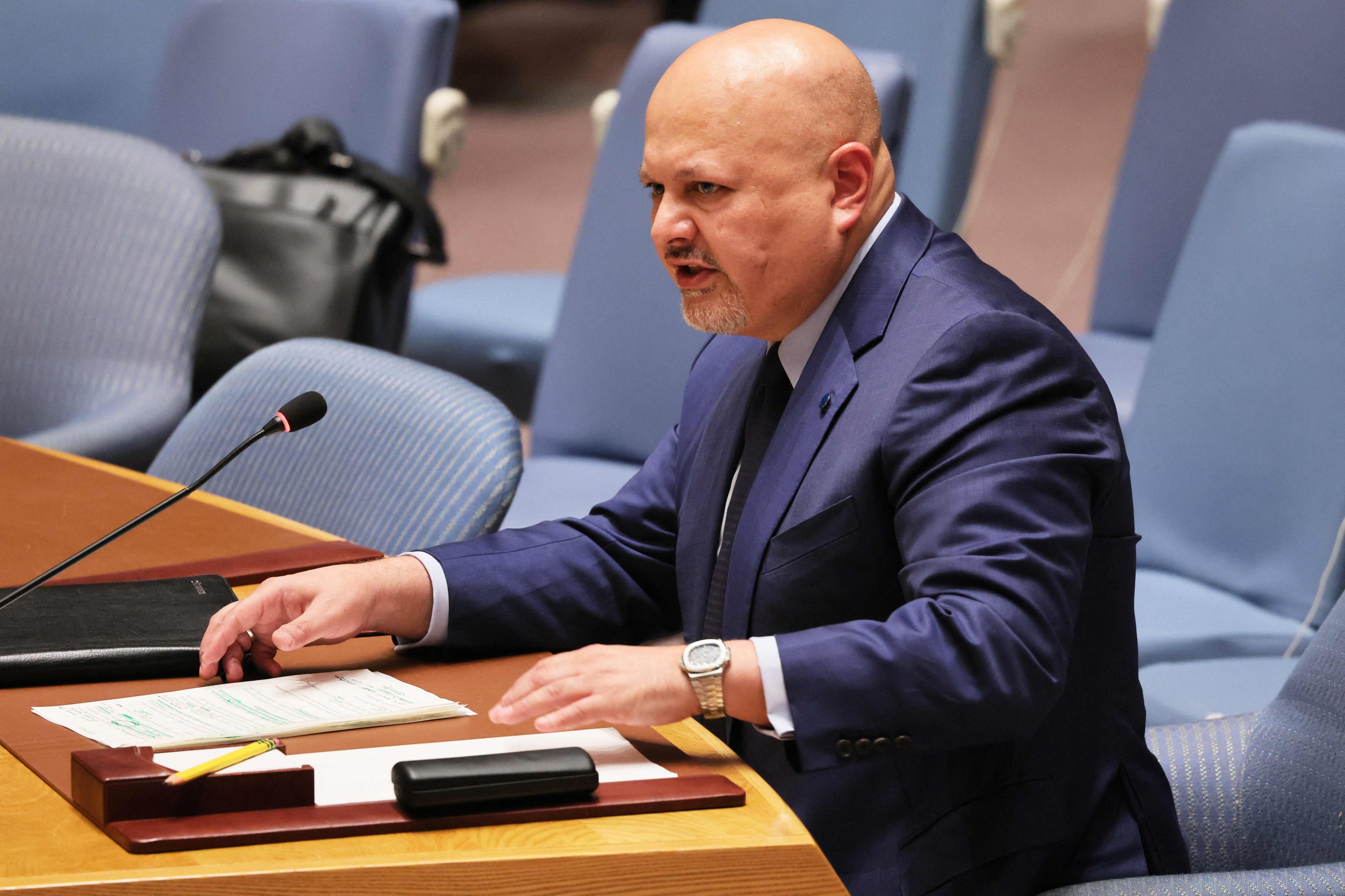 Karim Khan, chief prosecutor of the International Criminal Court, speaks during a UN Security Council meeting at United Nations headquarters in New York in July 2023. Photo: Getty Images