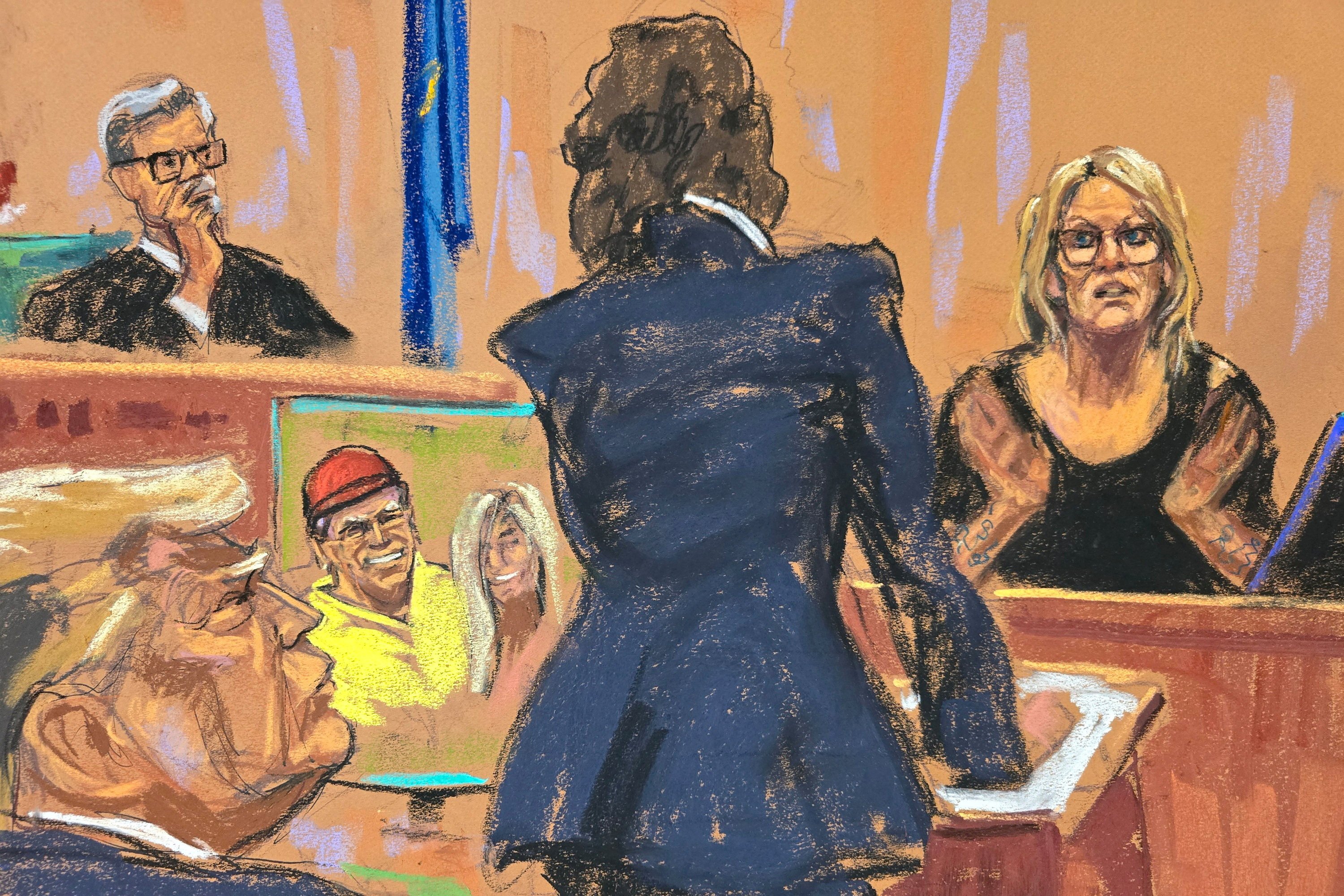 Stormy Daniels is questioned by prosecutor Susan Hoffinger before Justice Juan Merchan during former US president Donald Trump’s trial in New York on Tuesday. Courtroom sketch: Jane Rosenberg via Reuters