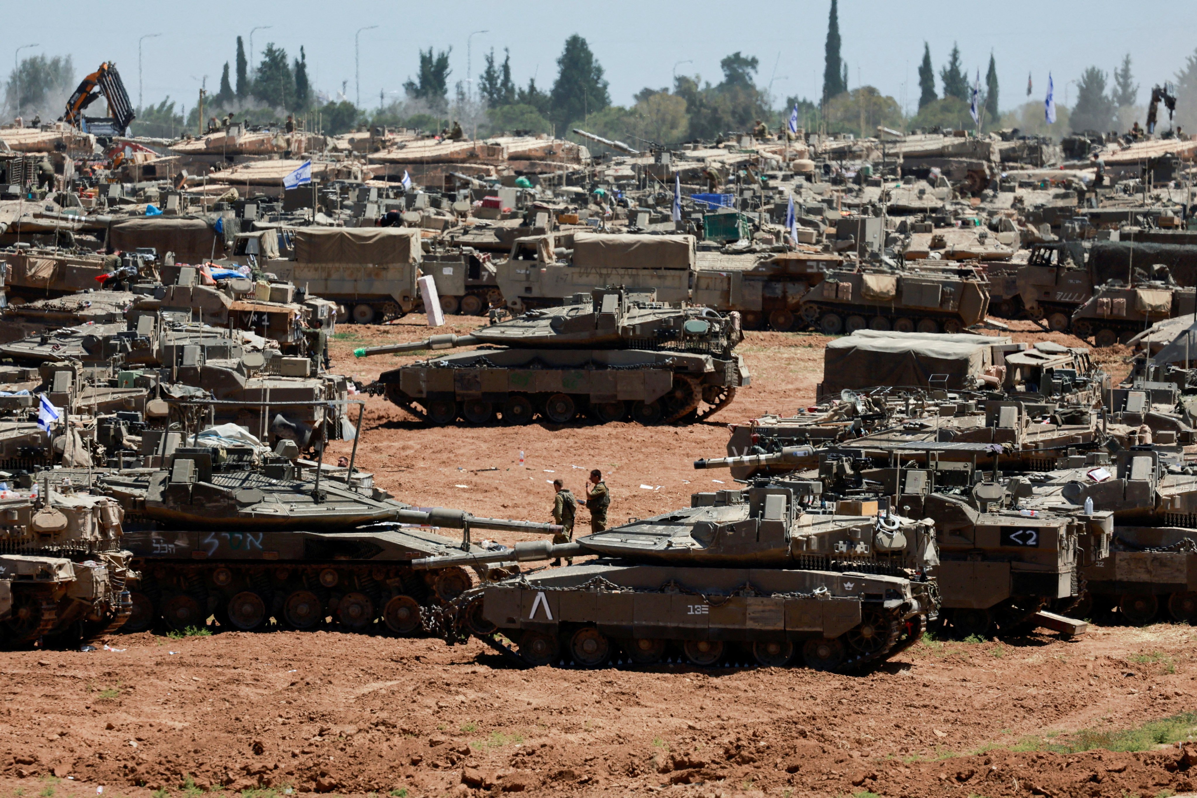 Israeli military vehicles near the Israel-Gaza border, in southern Israel on Tuesday. Photo: Reuters