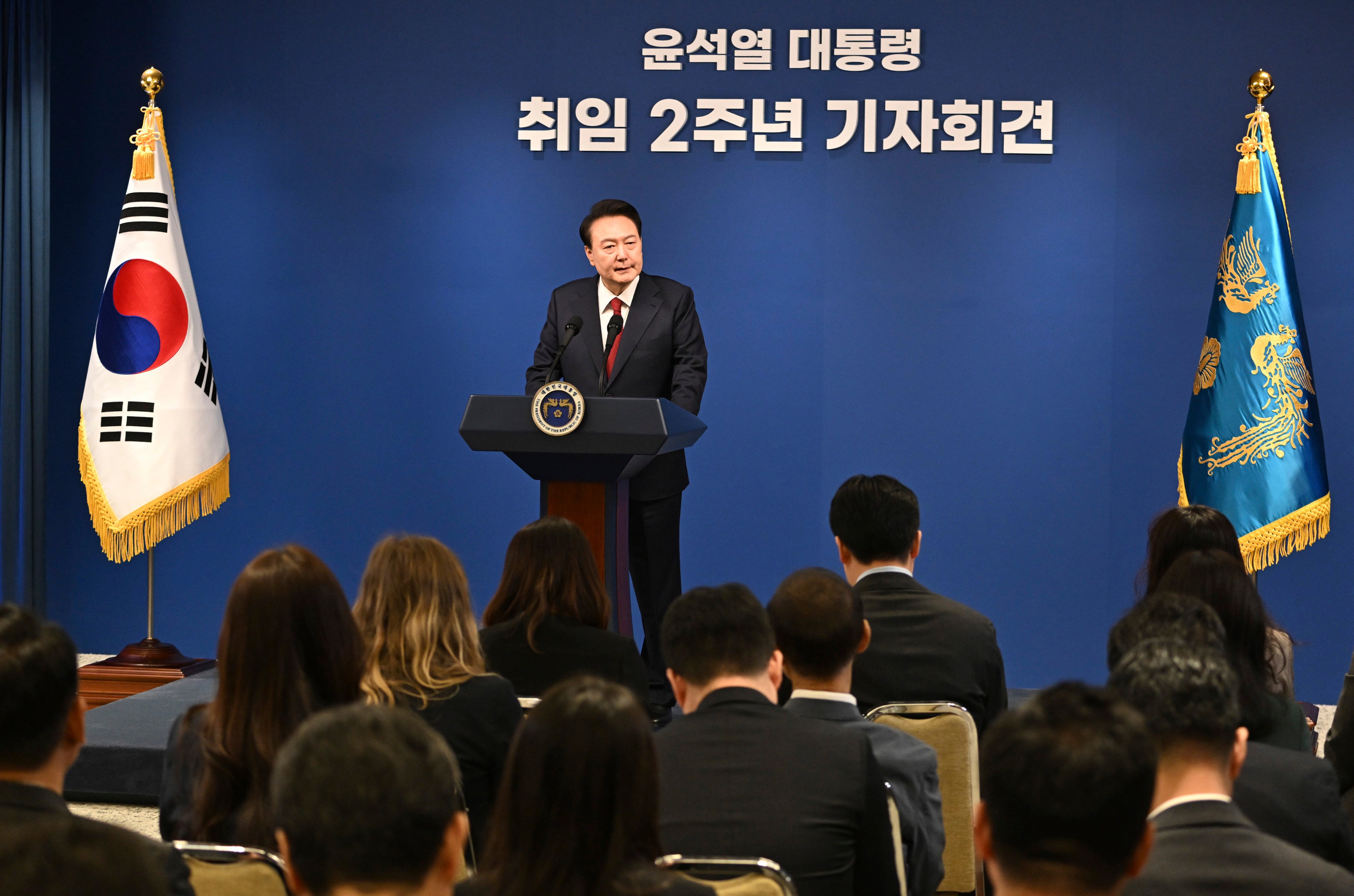 South Korean President Yoon Suk-yeol attends a press conference in Seoul on Thursday. Photo: AP