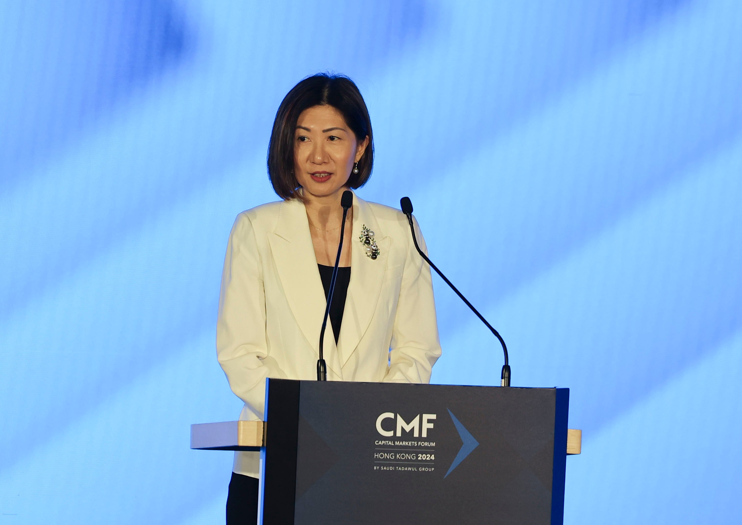 Bonnie Chan, chief executive of Hong Kong Exchanges and Clearing Limited (HKEX), speaking during the Capital Markets Forum (CMF) at the HKEX Connect Hall at the Exchange Square in Central on 9 May 2024. Photo: Edmond So
