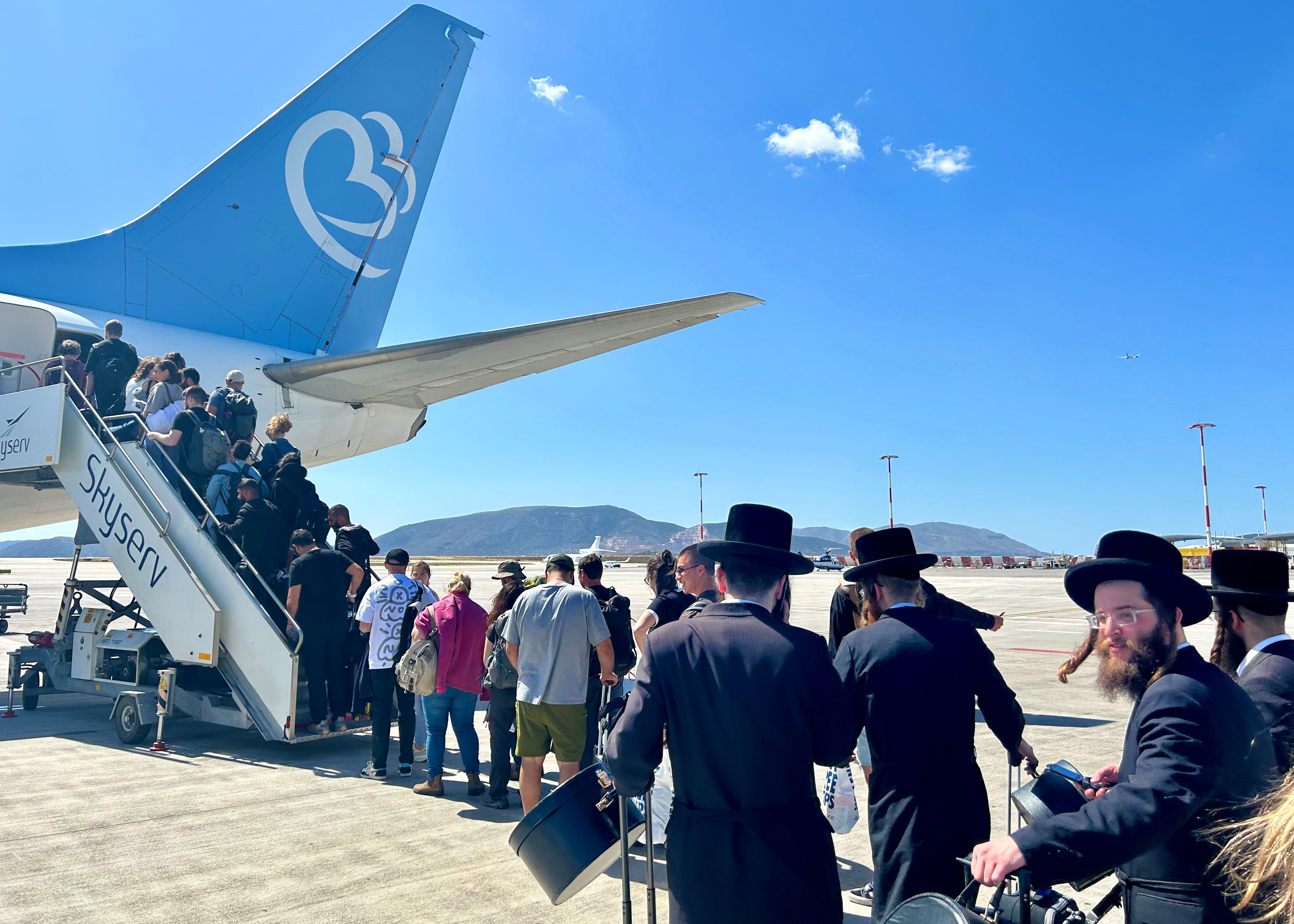 Passengers wait to board the plane for their flight from Athens International Airport, Greece, to Israel’s Ben Gurion Airport, on May 3, 2024. Photo: Ian Neubauer