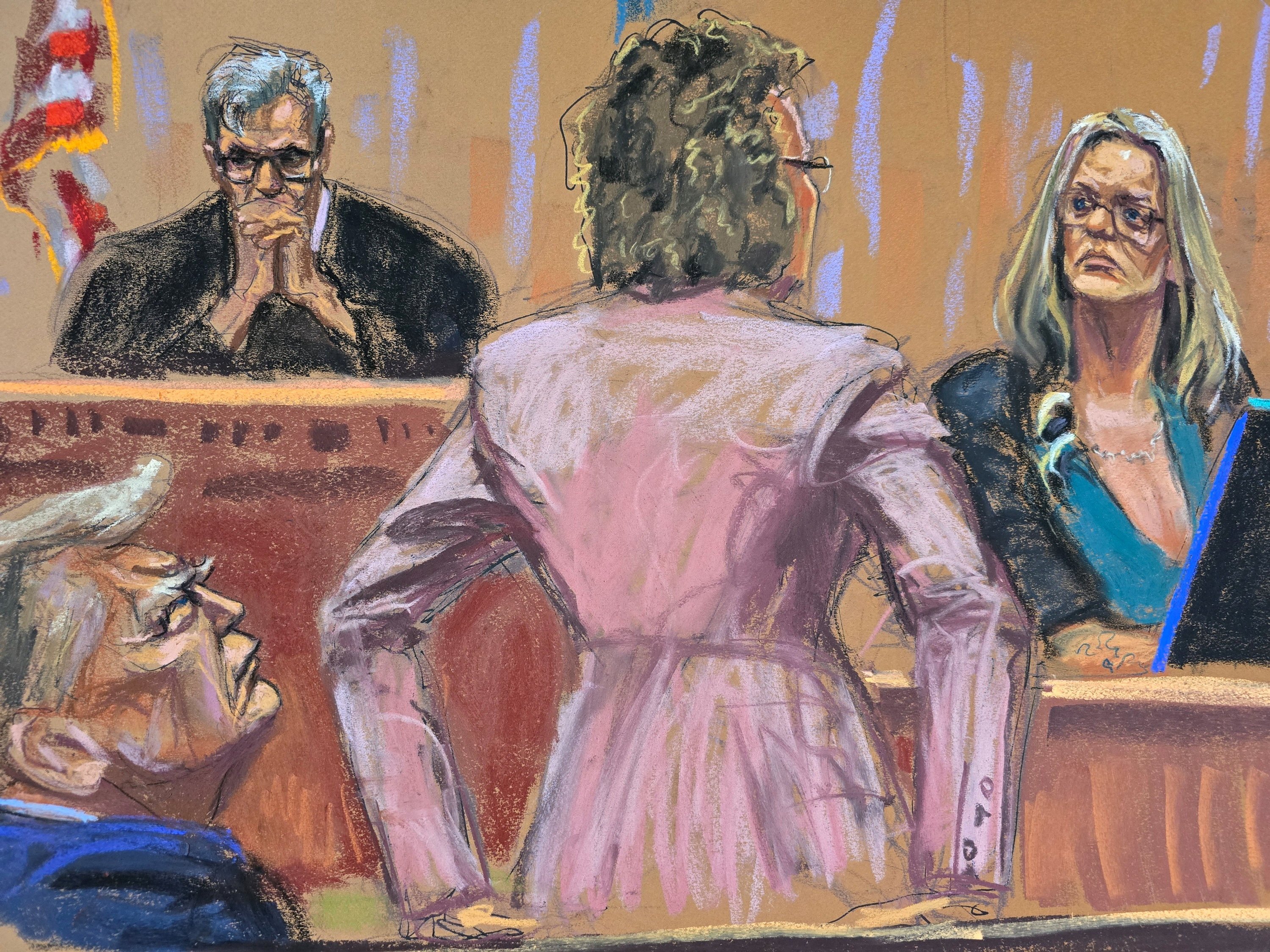 Stormy Daniels is questioned by defence lawyer Susan Necheles in New York on Thursday. Courtroom sketch: Jane Rosenberg via Reuters