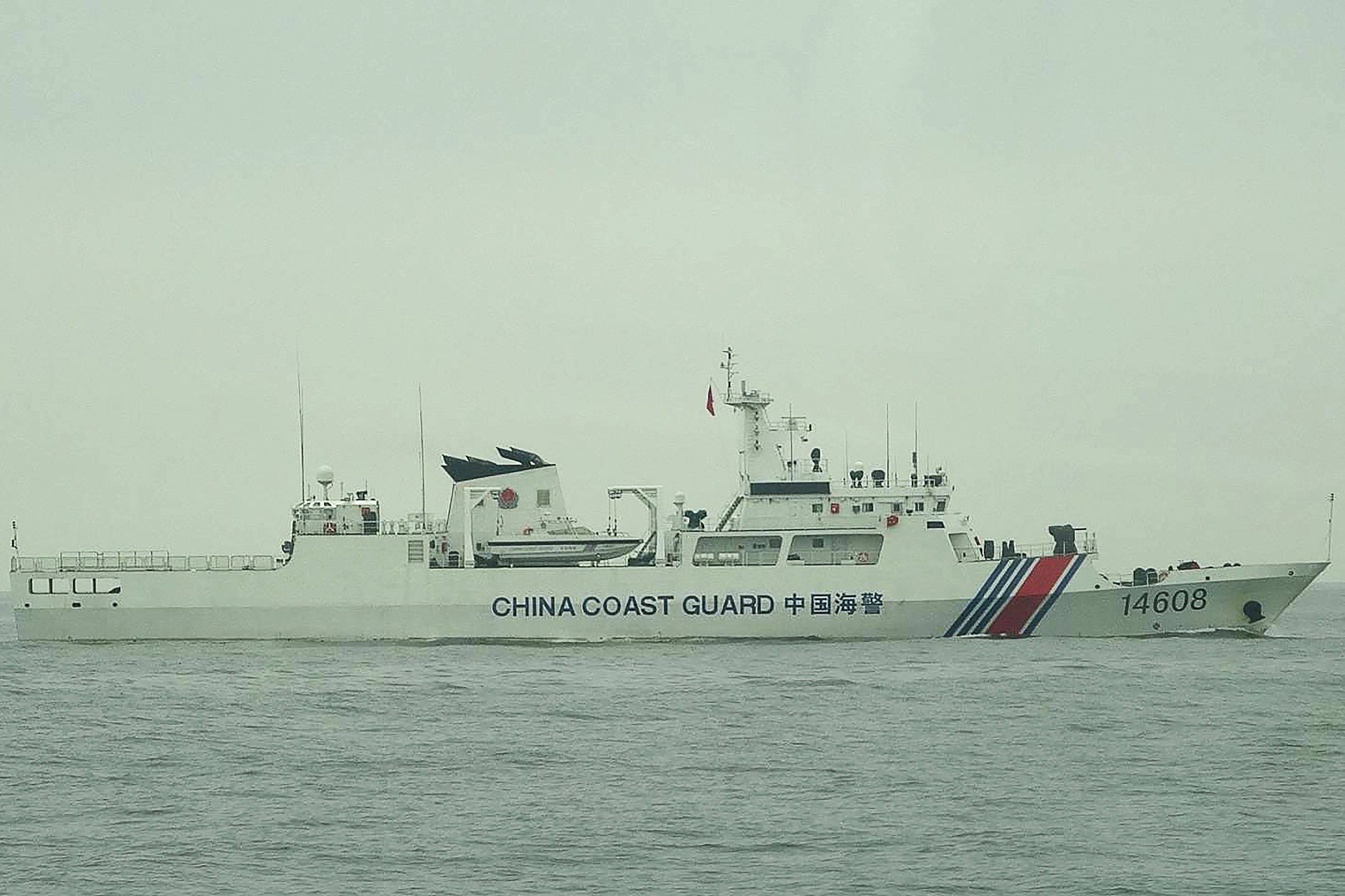 A Chinese Coast Guard vessel is pictured in the waters of Quemoy on May 9. That day, Taiwan  said dozens of Chinese warplanes and ships had been detected, less than two weeks before the island’s presidential inauguration. Photo: Taiwan Coast Guard/AFP