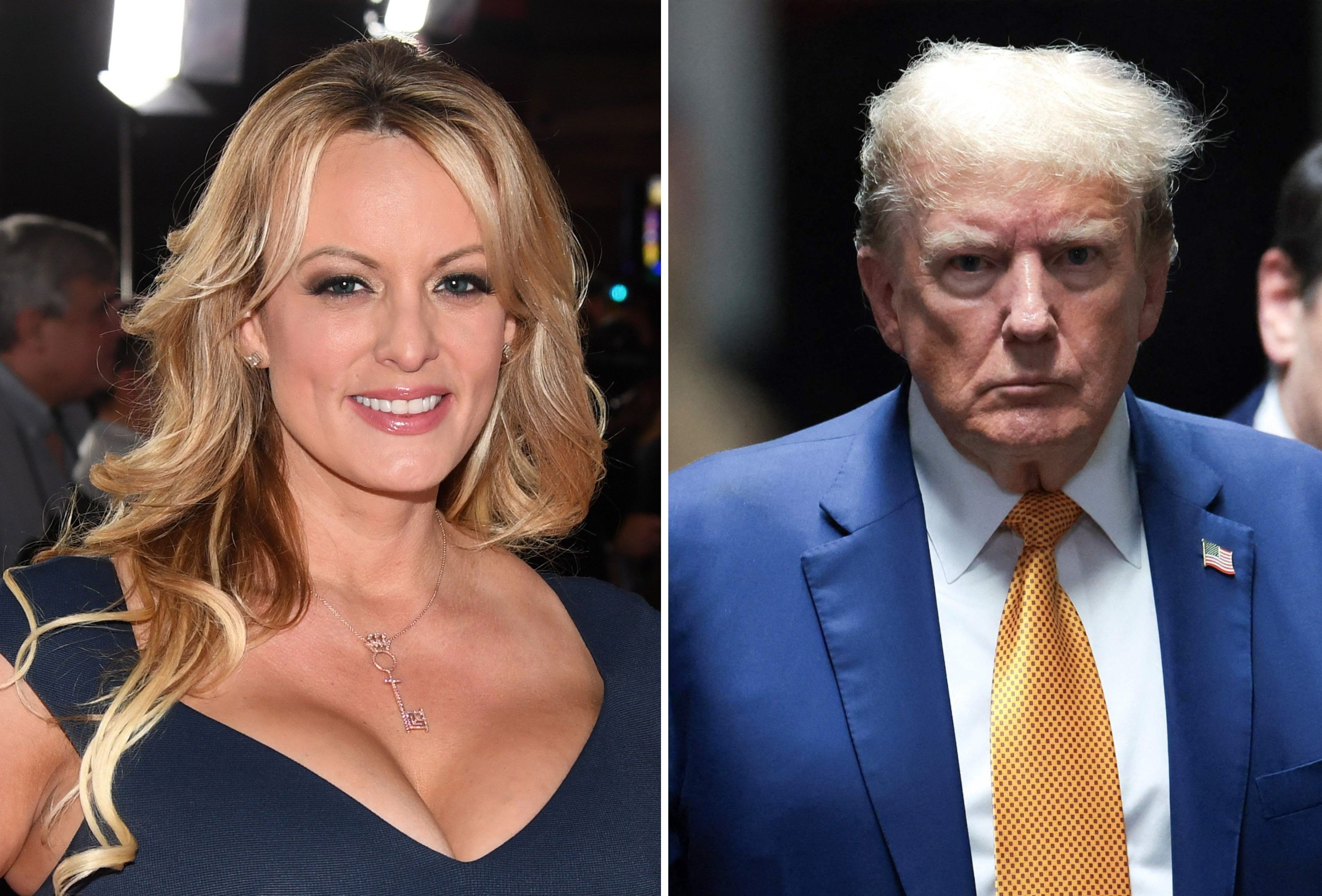 Stormy Daniels at an event; ex US president Donald Trump makes a court appearance. Photos: AFP