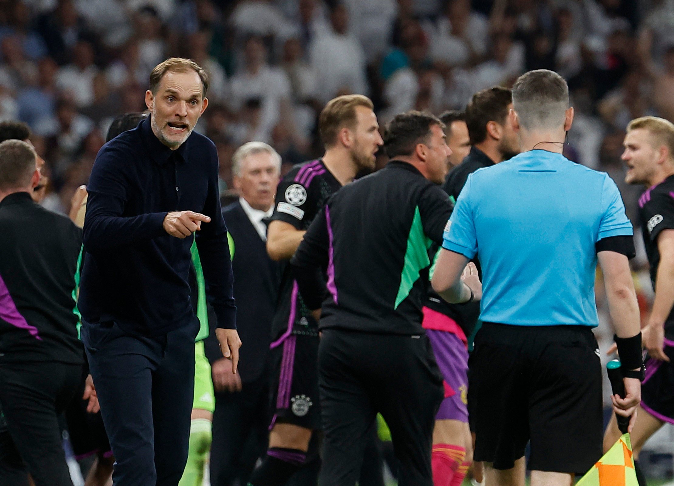 Bayern Munich manager Thomas Tuchel remonstrates with an assistant referee in Madrid on Wednesday. Photo: Reuters
