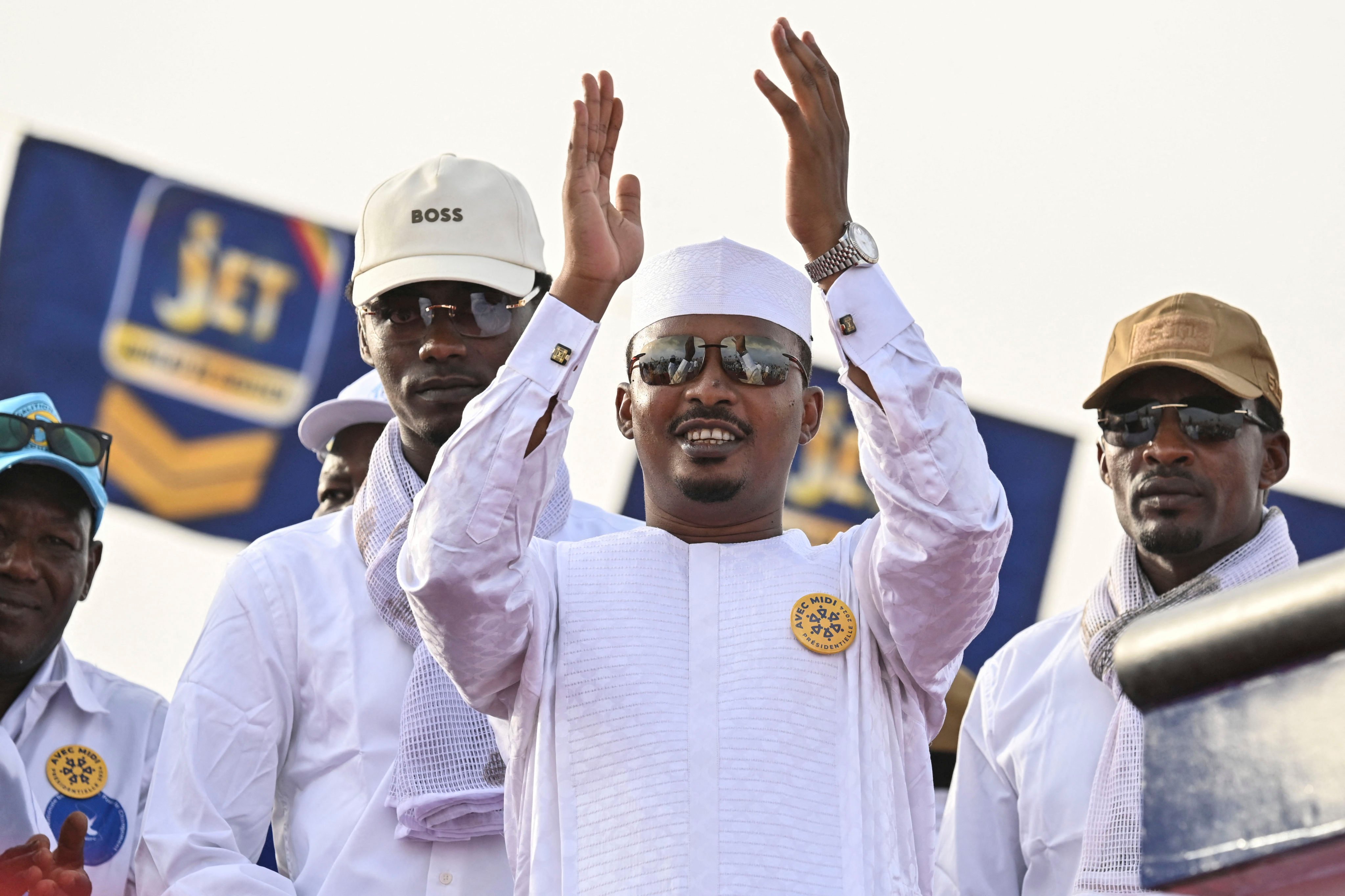 Chad’s transitional president and presidential election candidate Mahamat Idriss Deby Itno acknowledges the crowd during a rally in N’Djamena on May 4. Photo: AFP