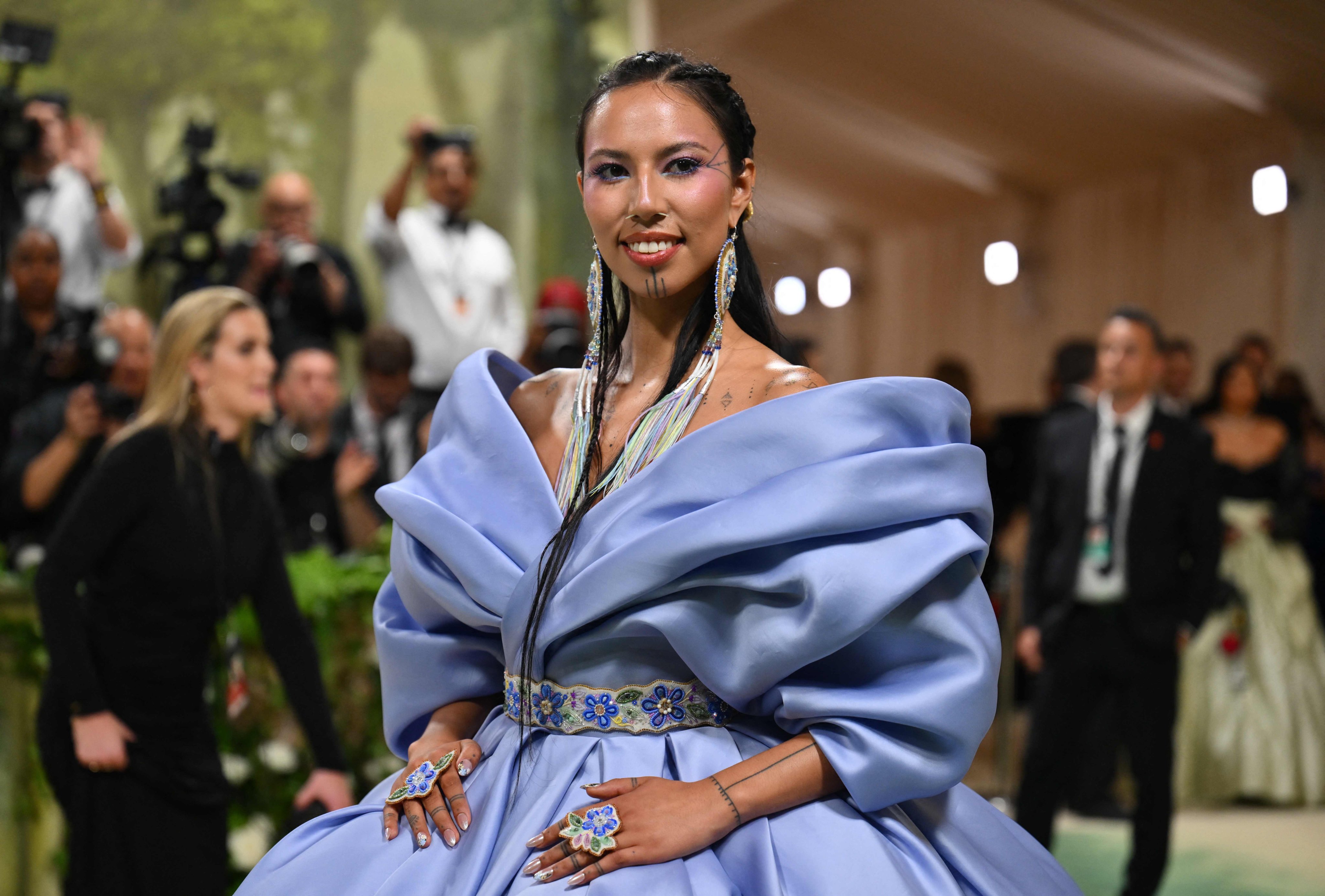 US model and actress Quannah Chasinghorse arrives for the 2024 Met Gala at the Metropolitan Museum of Art on May 6, 2024, in New York. Photo: AFP