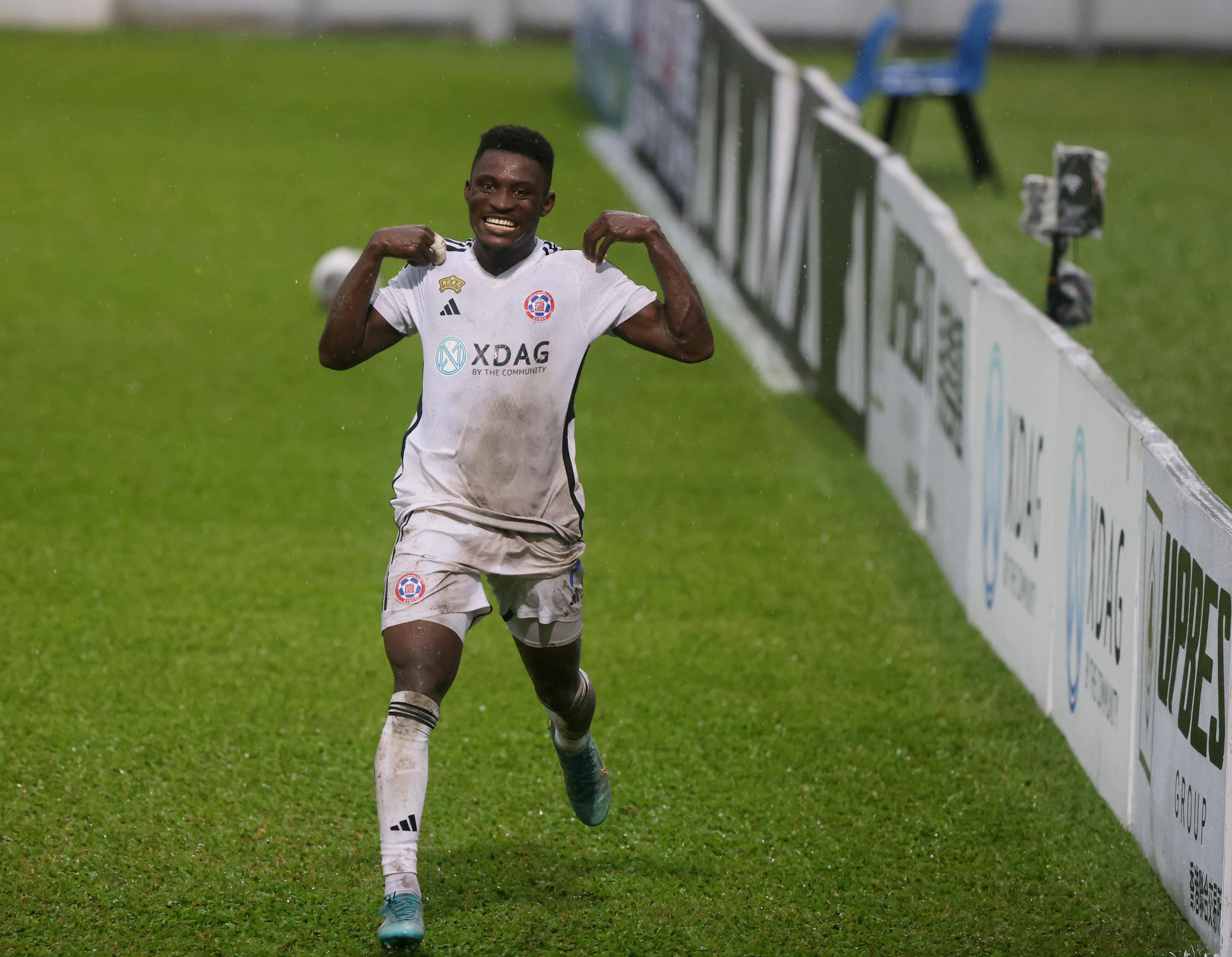 Eastern’s Noah Baffoe celebrates scoring his side’s winner against Kitchee in the FA Cup semi-final at Mong Kok Stadium. Photo: Jonathan Wong