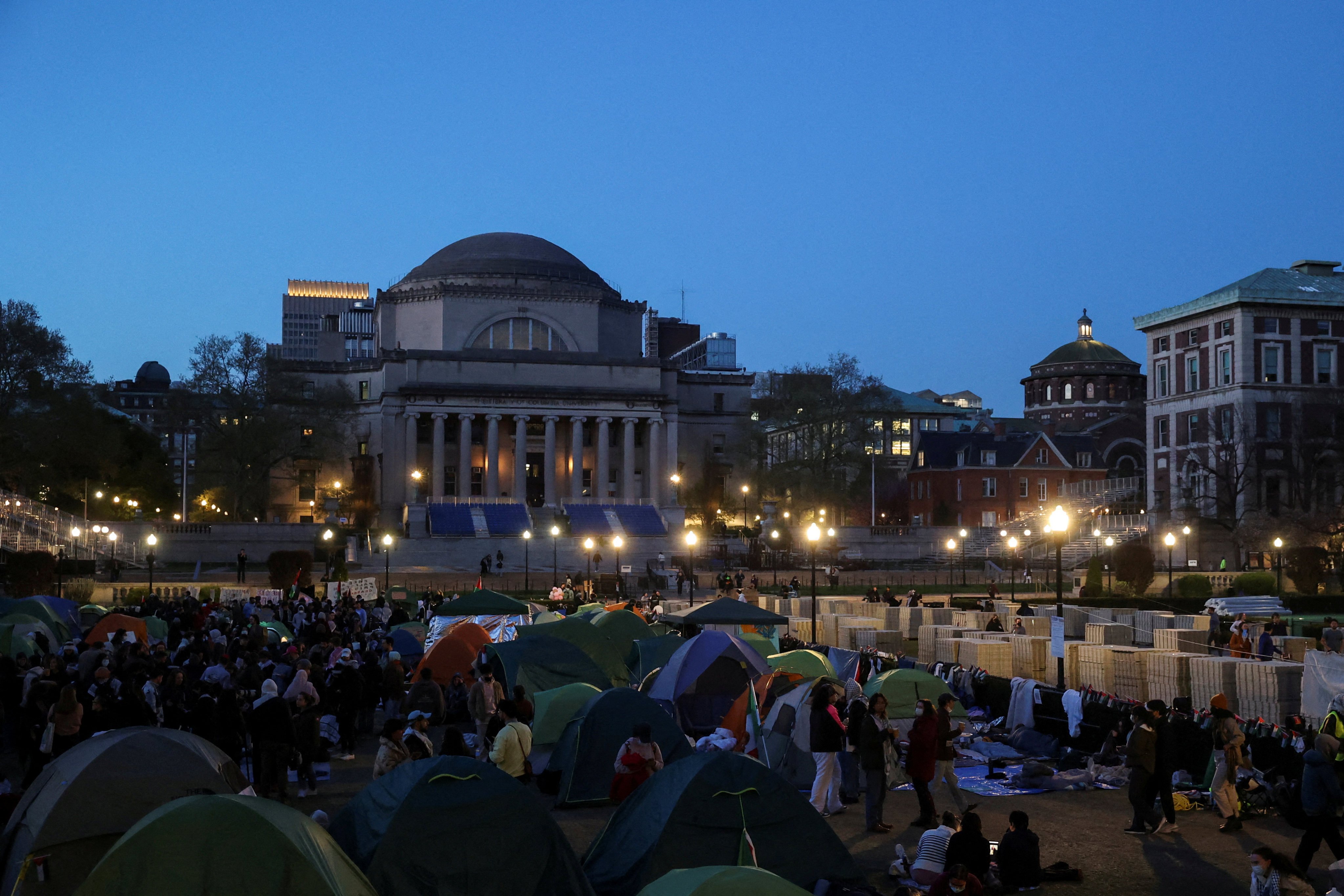 Dusk falls at the protest encampment in support of Palestinians at Columbia University, in New York City last month. Encampments at most US universities came down last week, some voluntarily. Photo: Reuters