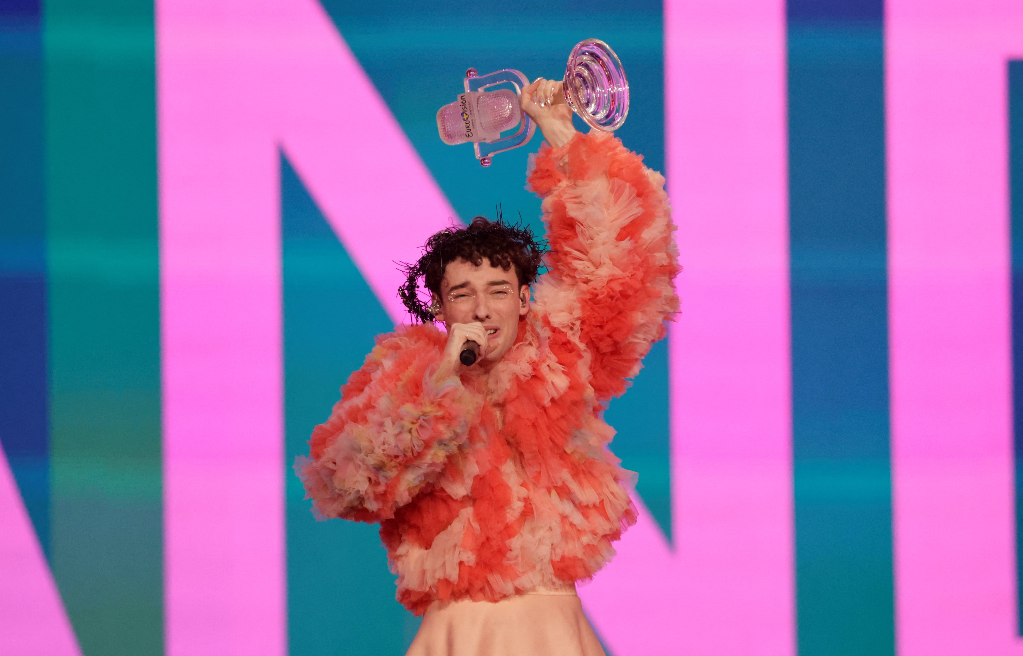 Switzerland’s Nemo celebrates after winning the grand final of the 2024 Eurovision Song Contest in Malmo, Sweden, on Saturday. Photo: Reuters