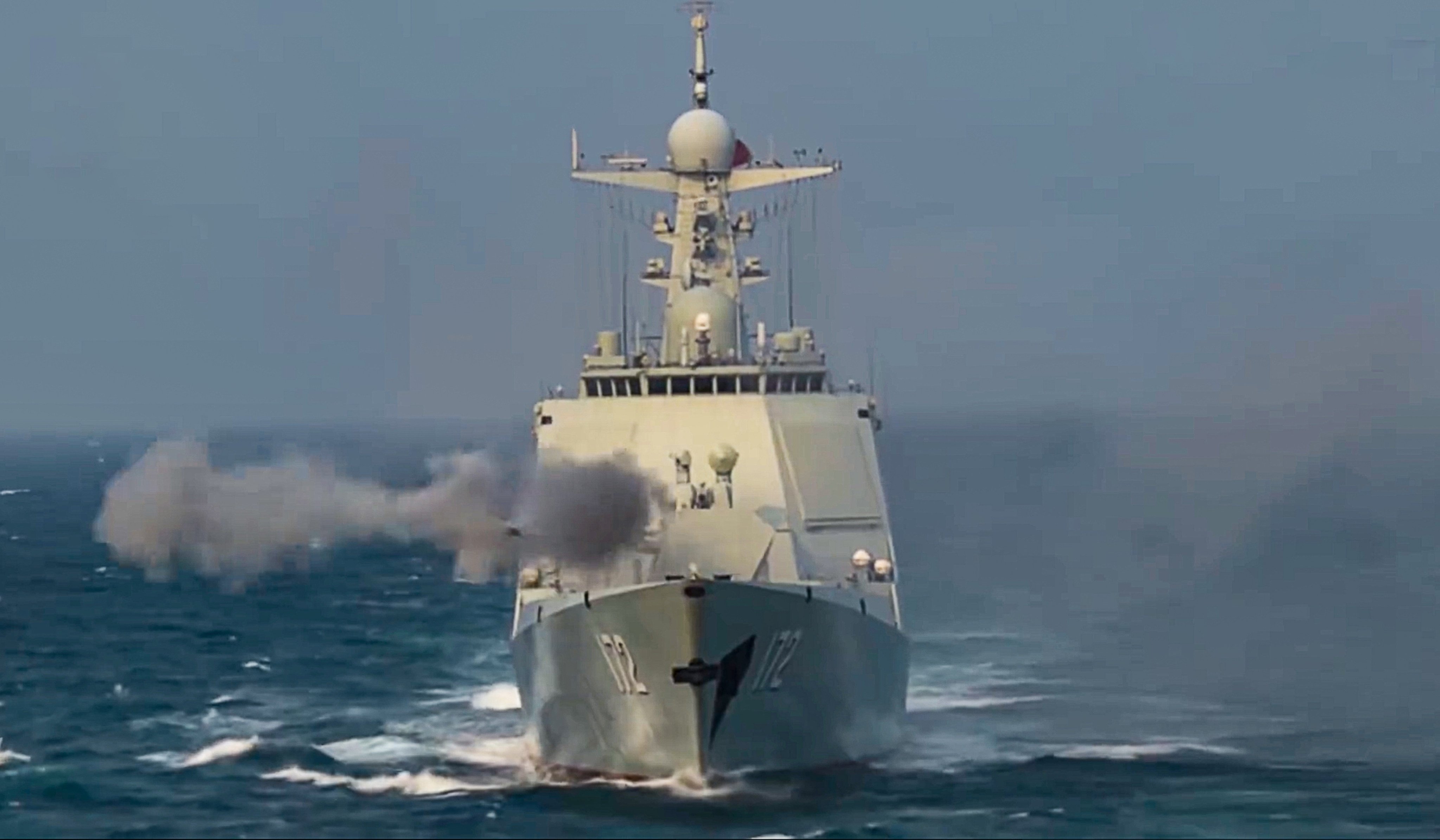 A PLA Navy destroyer takes part in the drills in the South China Sea. Photo: CCTV