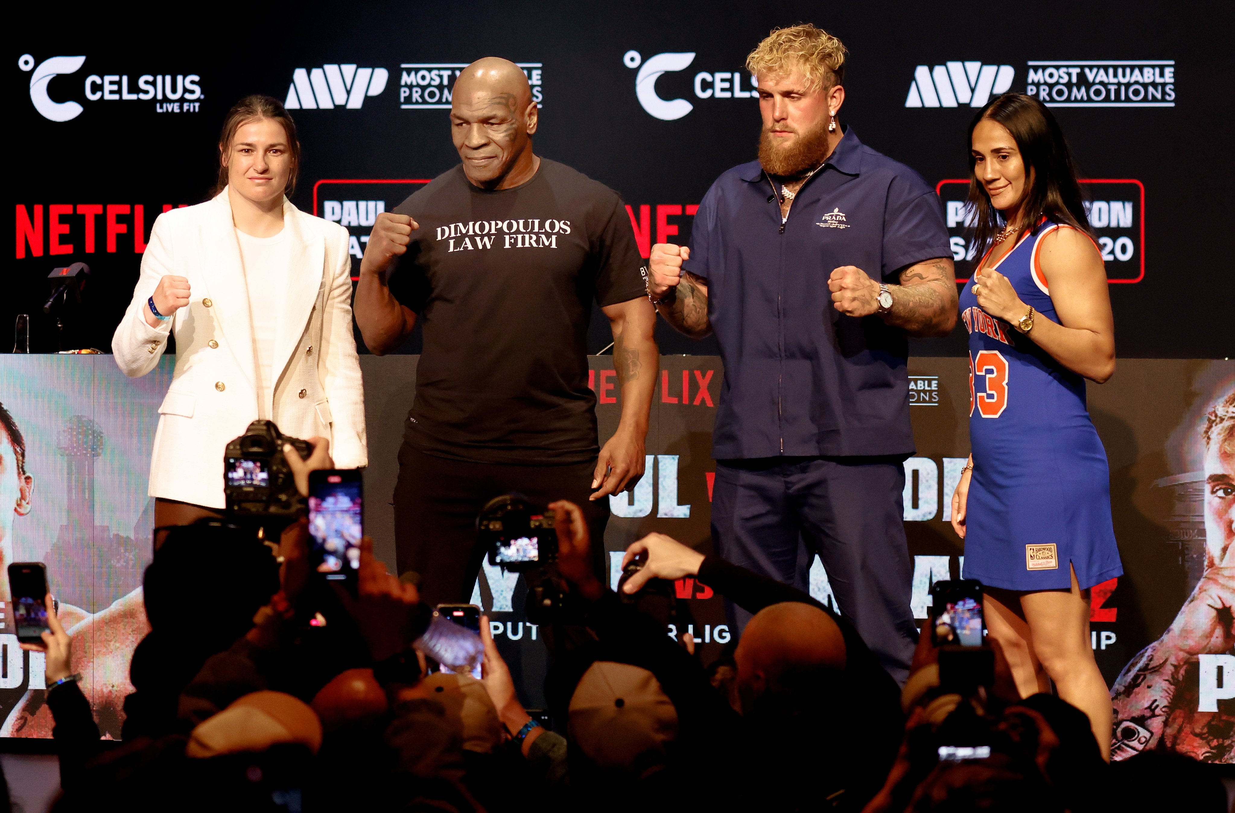 Former heavyweight champion Mike Tyson, and YouTuber and pro boxer Jake Paul at a press conference to promote their fight in Texas on 20 July. Photo: EPA-EFE