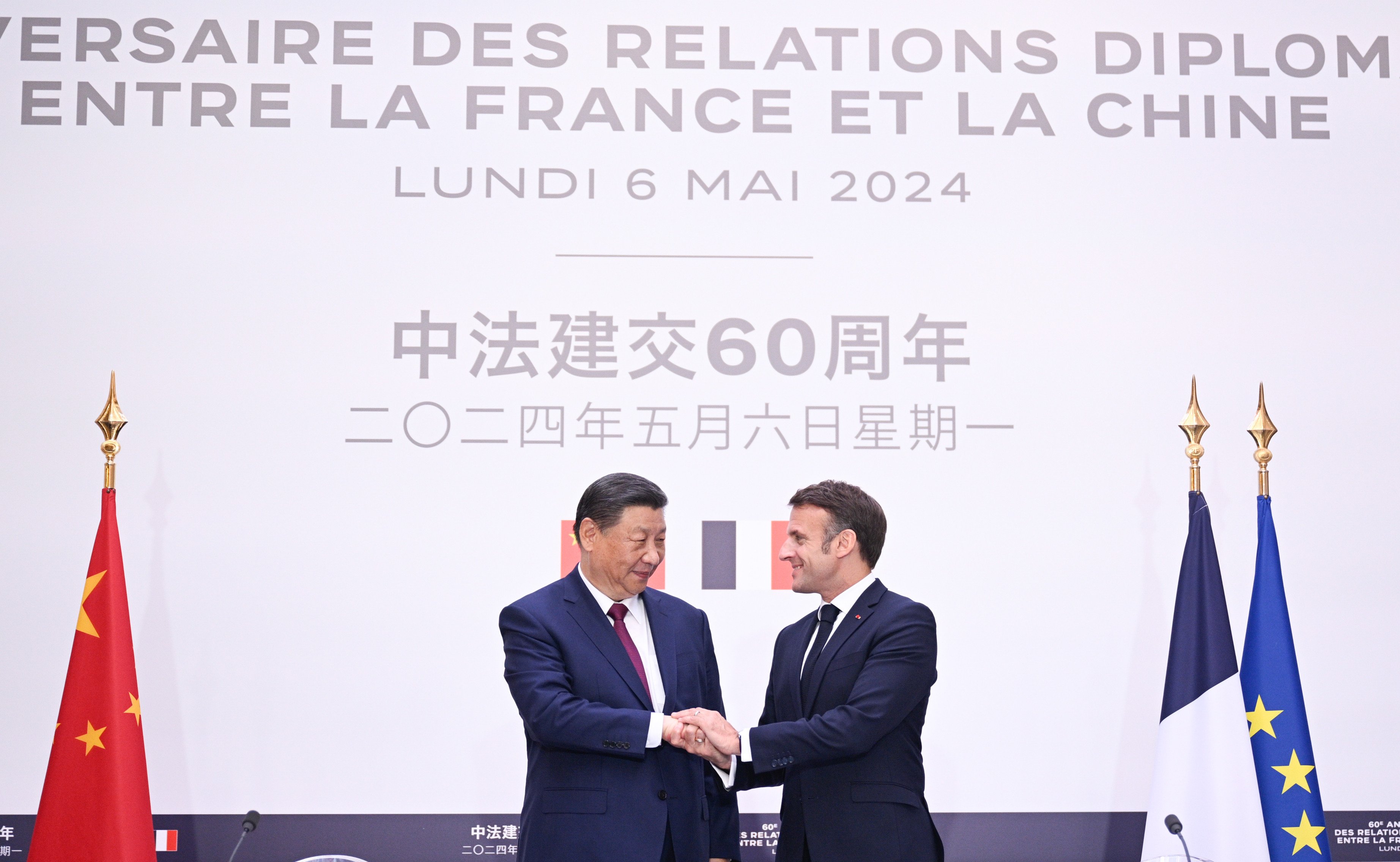 Chinese President Xi Jinping and his French counterpart, Emmanuel Macron, at a press meeting to note 60 years of Sino-French diplomatic relations, in Paris, France, on May 6. Photo: Xinhua