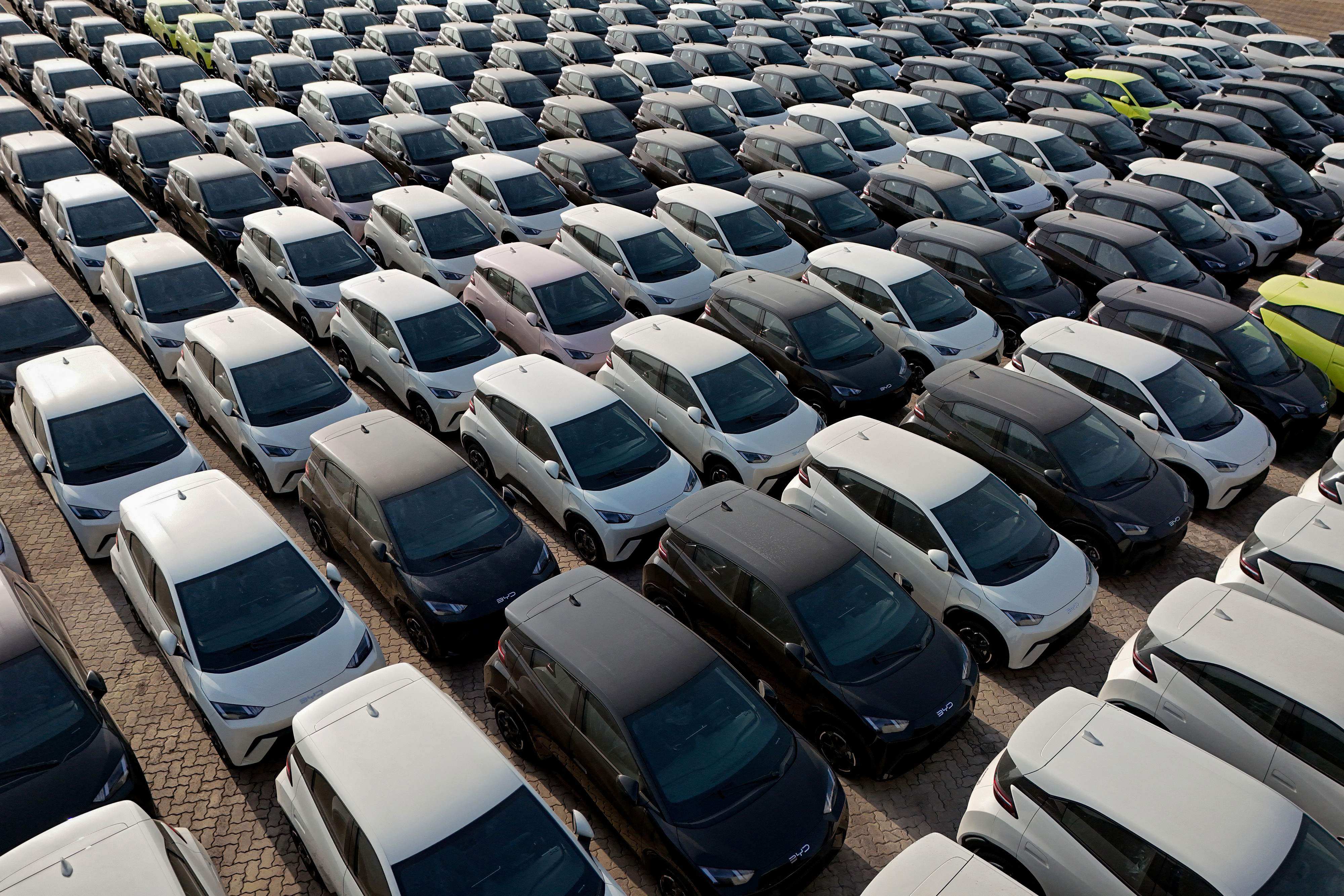 Export-bound BYD electric cars waiting to be loaded onto a ship at a port in Yantai in eastern Shandong province. Photo: AFP