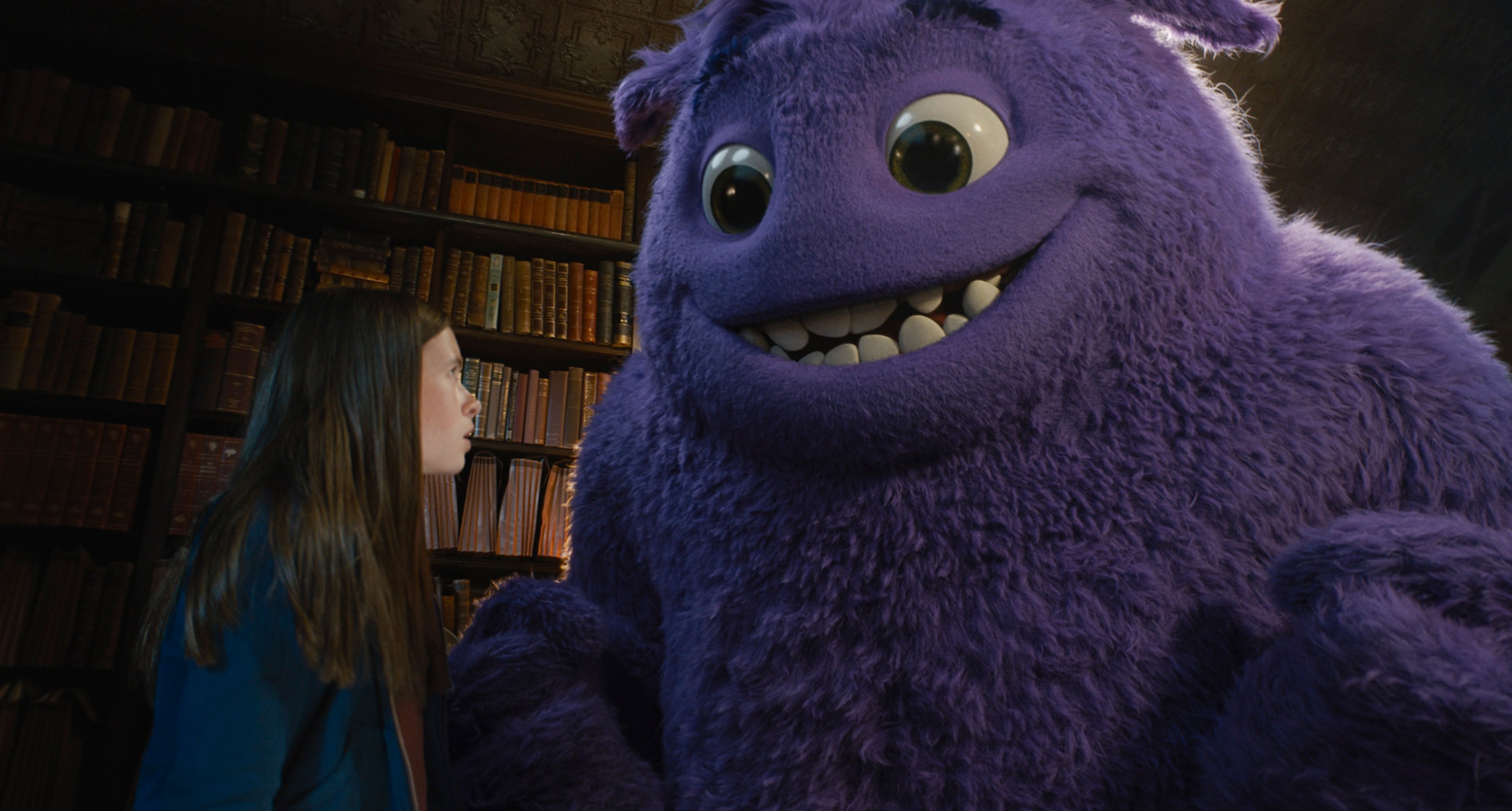 Cailey Fleming and Blue (voiced by Steve Carell) in a still from IF.