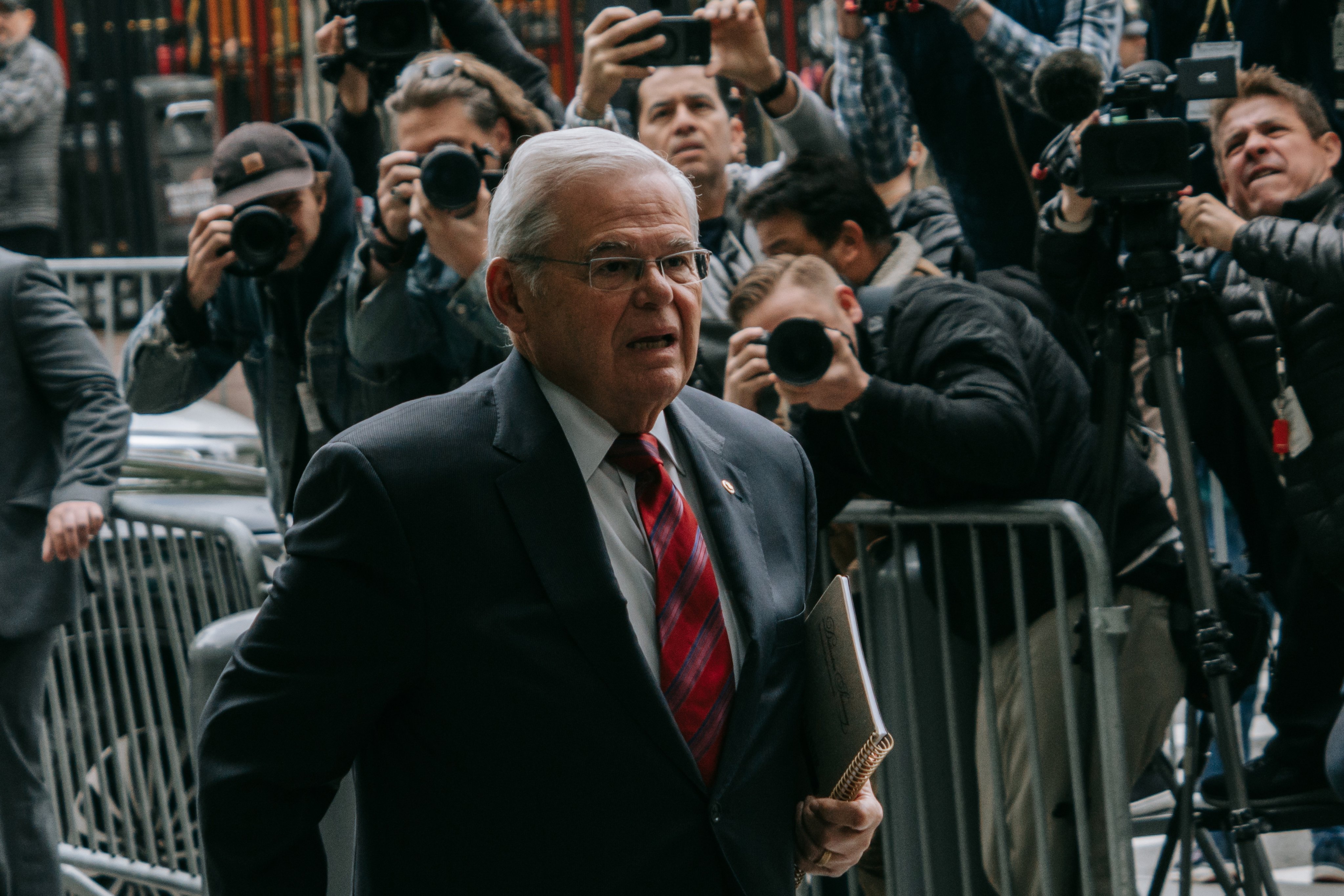 New Jersey Senator Bob Menendez arrives at a US federal court building on the first day of his corruption trial in New York on Monday. Photo: EPA-EFE