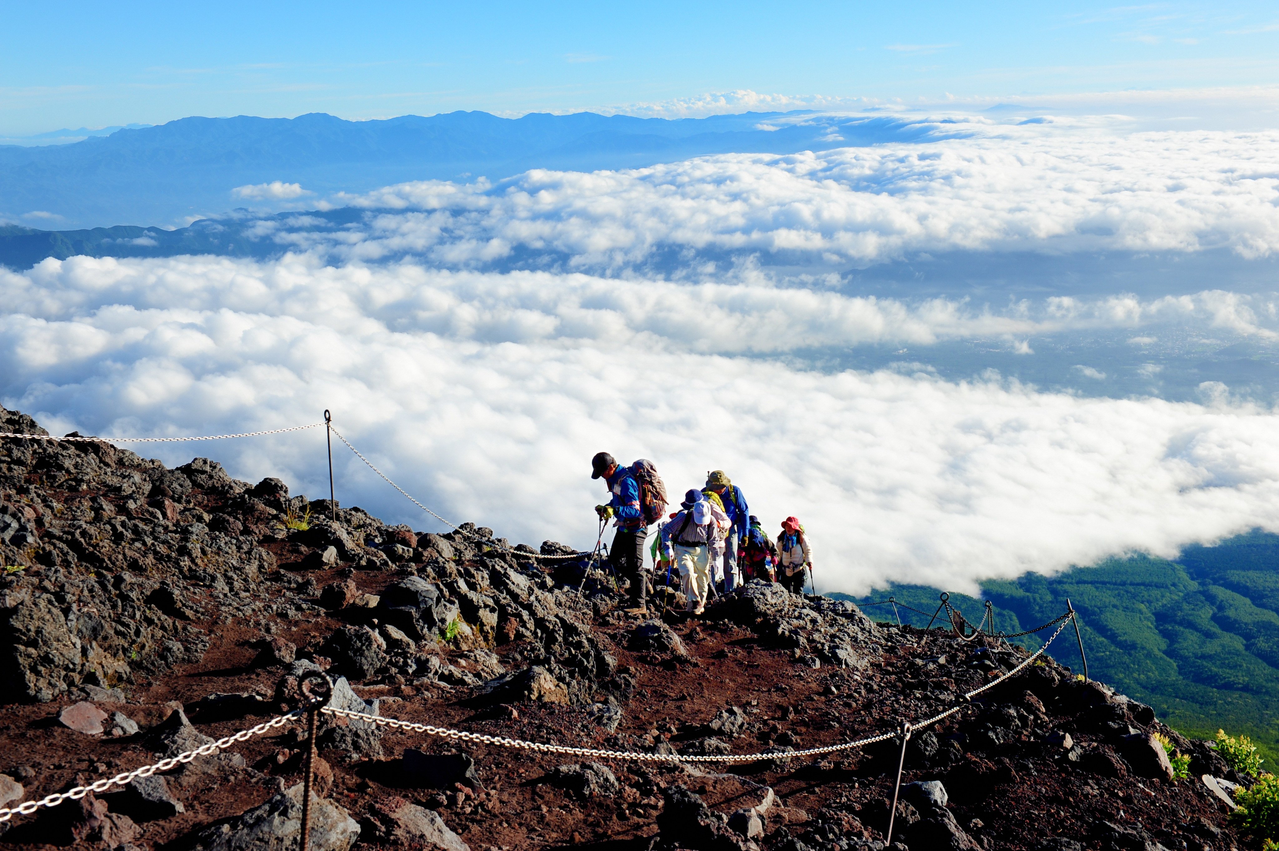 Hikers climb the Yoshida Trail on Mount Fuji, in Japan. Photo: Shutterstock