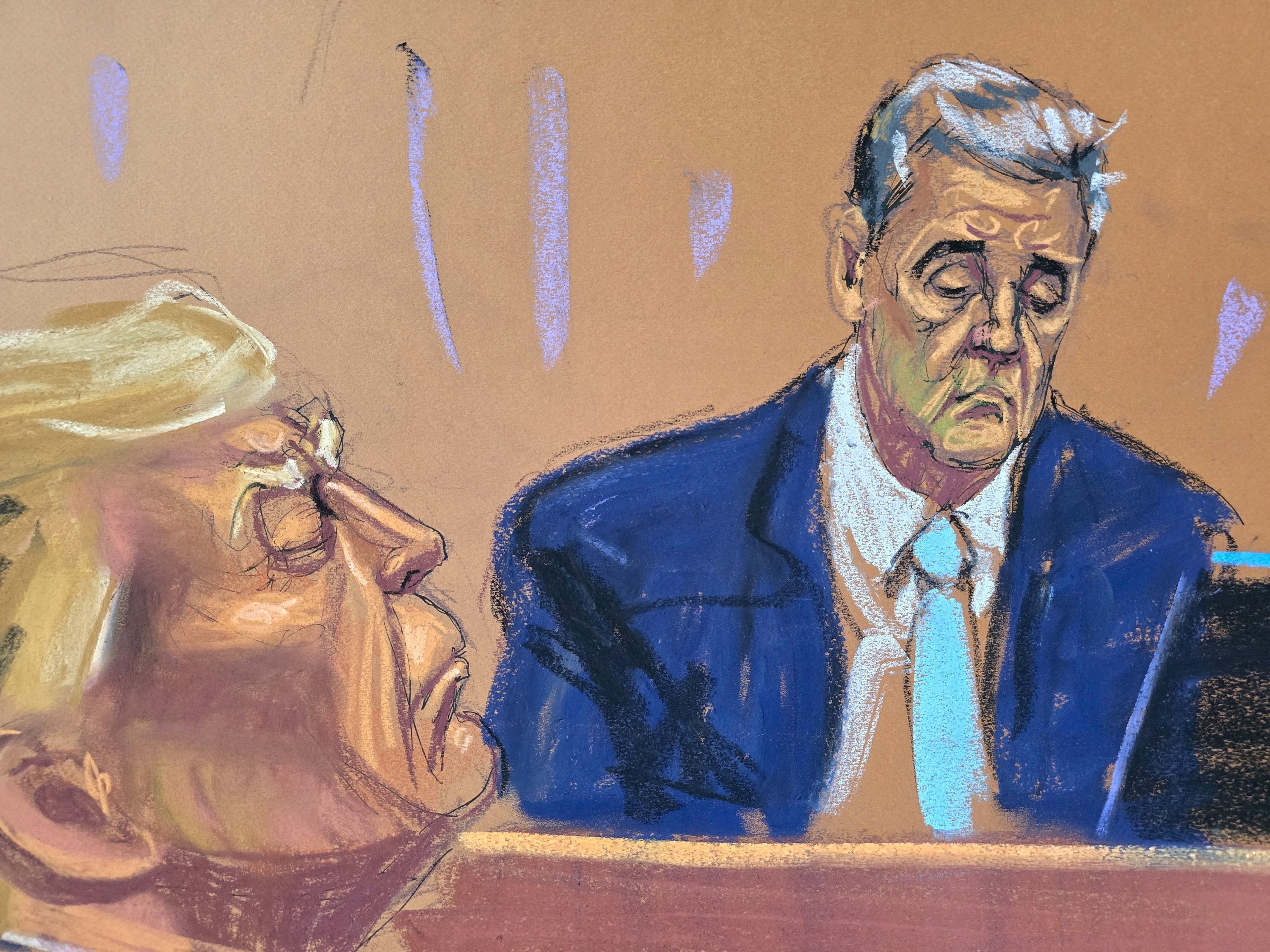 Michael Cohen testifies during former US president Donald Trump’s criminal trial in New York on Tuesday. Courtroom sketch: Jane Rosenberg via Reuters