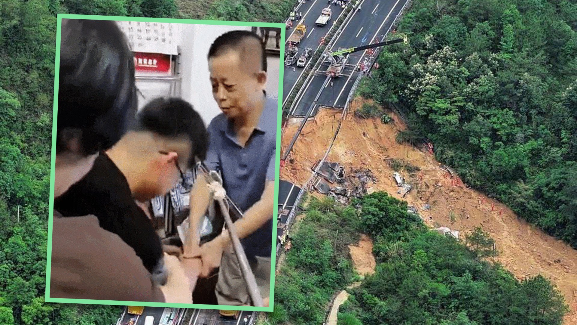 A young man in China has made an 800-km trip to thank an elderly man who stopped his car from plunging into a deep hole that appeared in a highway in the south of the country. Photo: SCMP composite/Weibo/Baidu