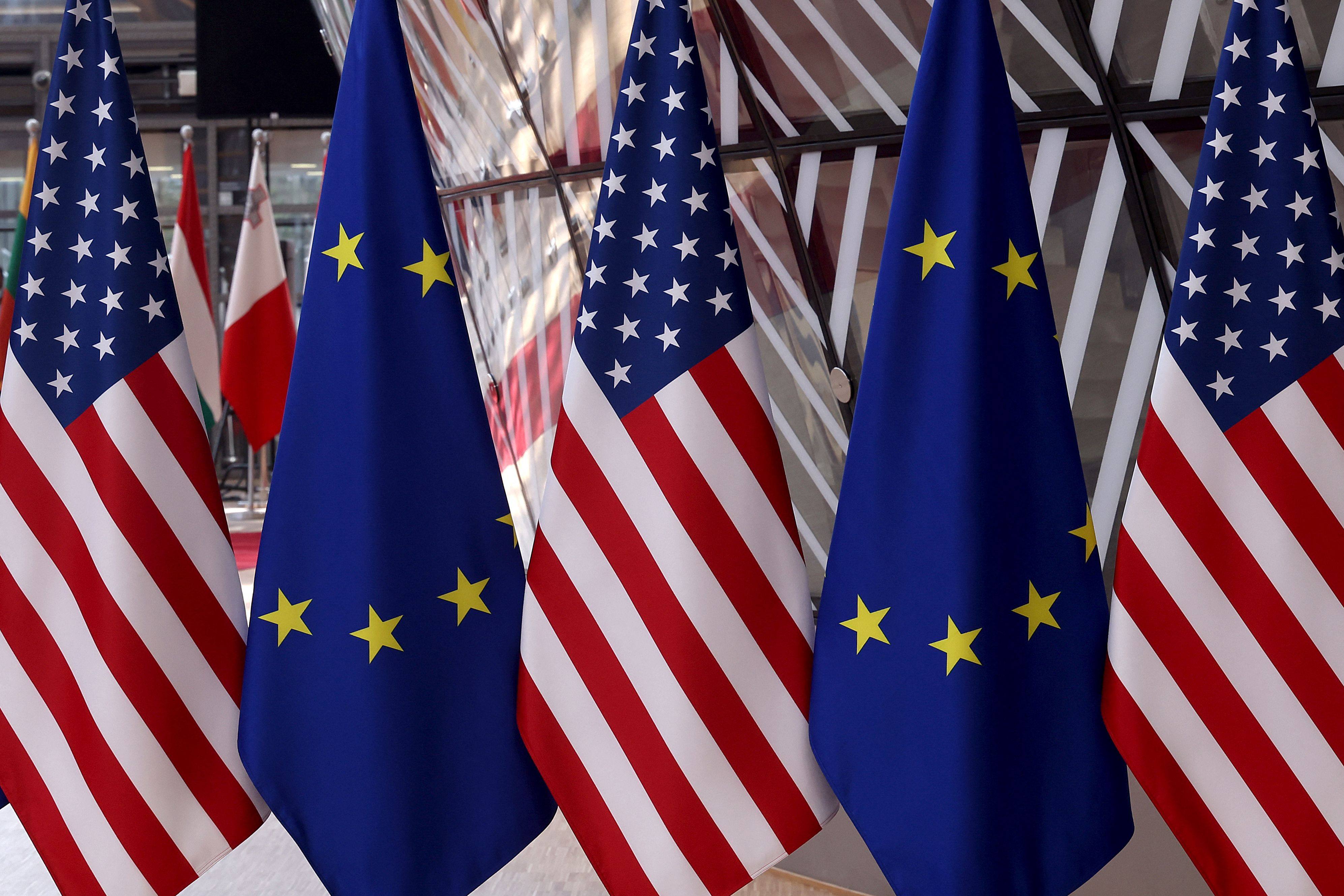 Flags of the European Union and the United States at an EU-US summit in Brussels, Belgium on June 15, 2021. File photo: AFP