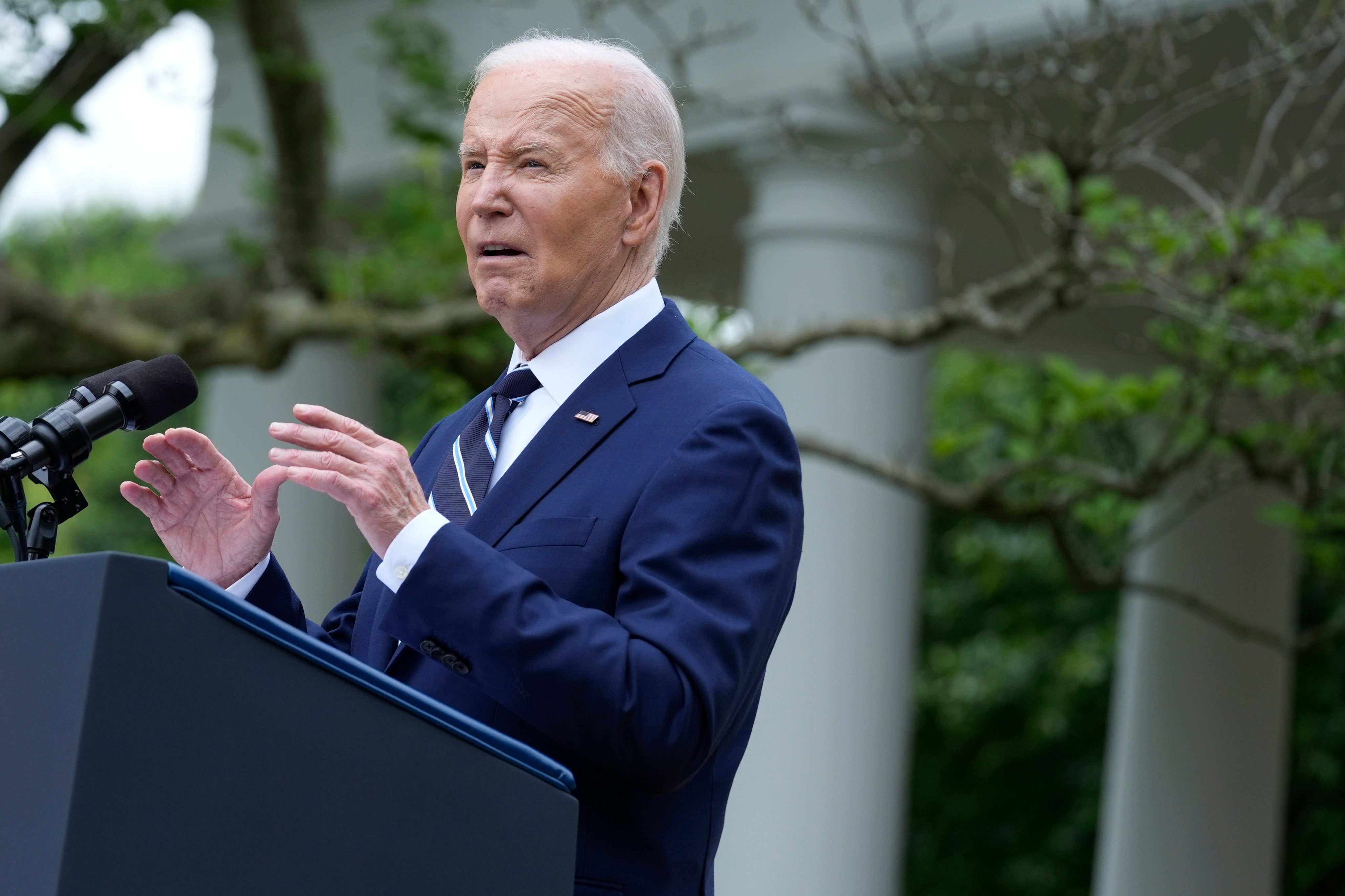 President Joe Biden speaks in the Rose Garden of the White House in Washington on May 14, announcing plans to impose major new tariffs on electric vehicles, semiconductors, solar equipment and medical supplies imported from China. Photo: AP