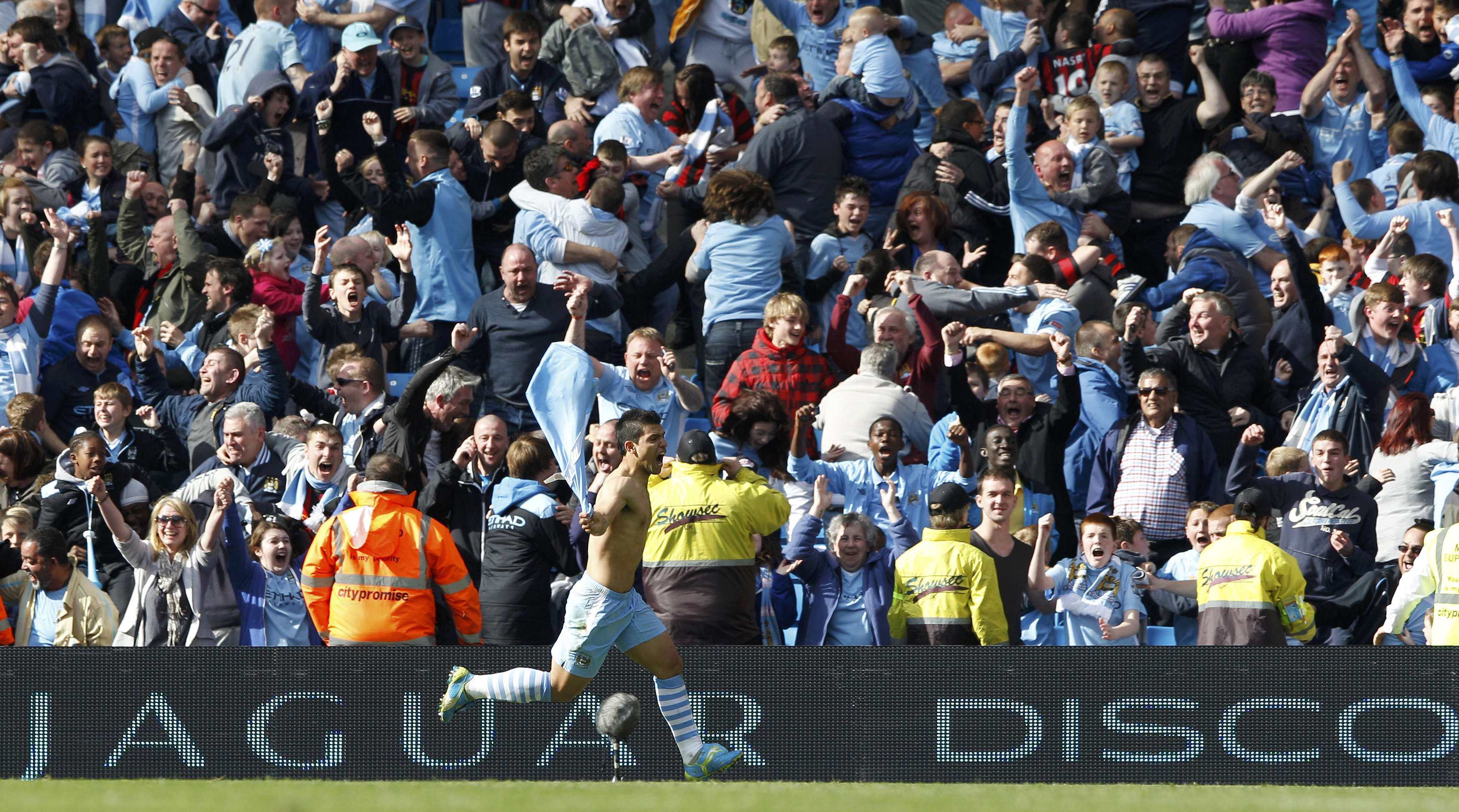 Sergio Aguero celebrates his goal that clinched the title for Manchester City on the final day in 2012. Photo: Reuters