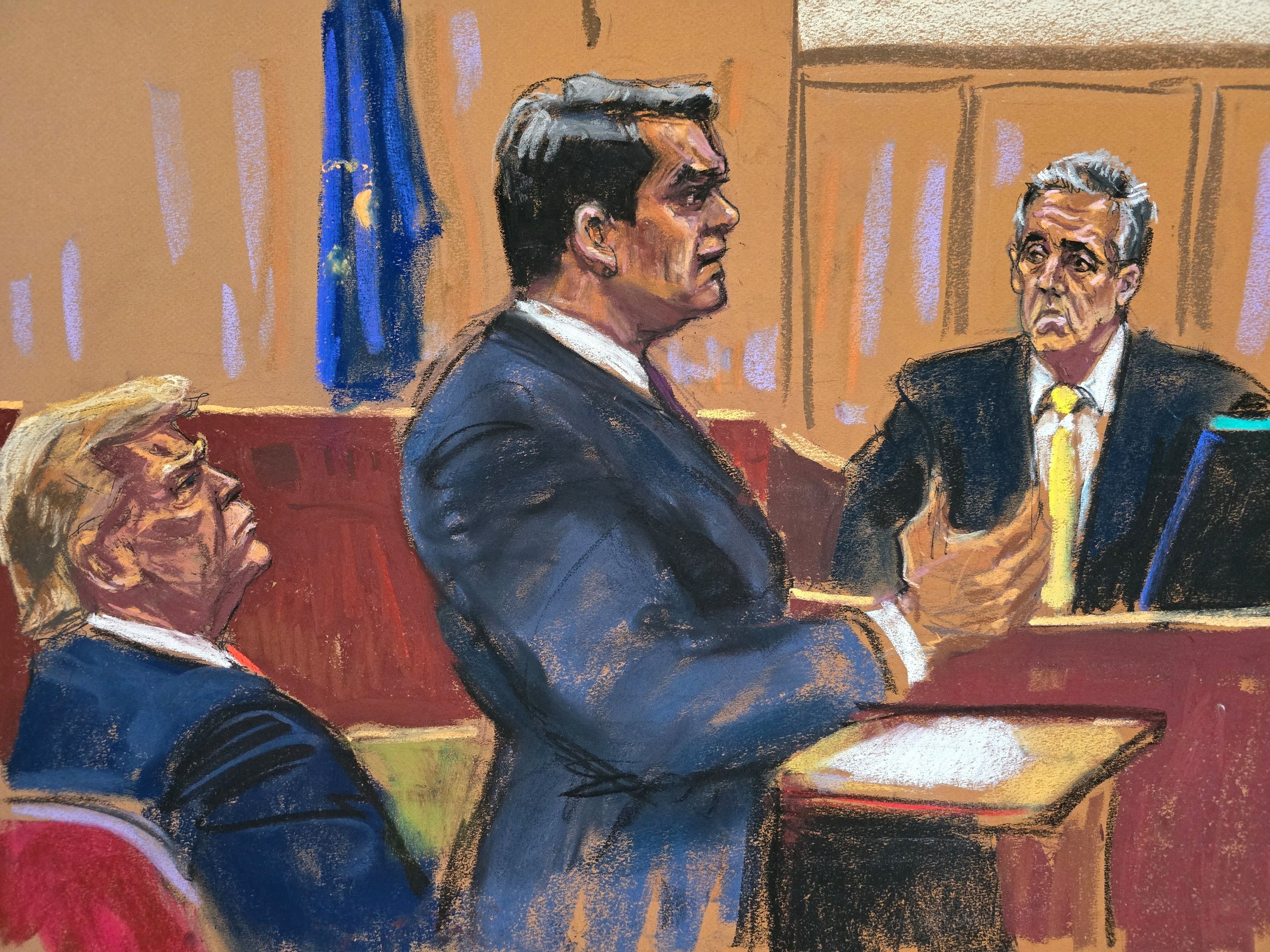 Michael Cohen is cross-examined by defence lawyer Todd Blanche during former US president Donald Trump’s criminal trial in New York on Thursday. Courtroom sketch: Jane Rosenberg via Reuters