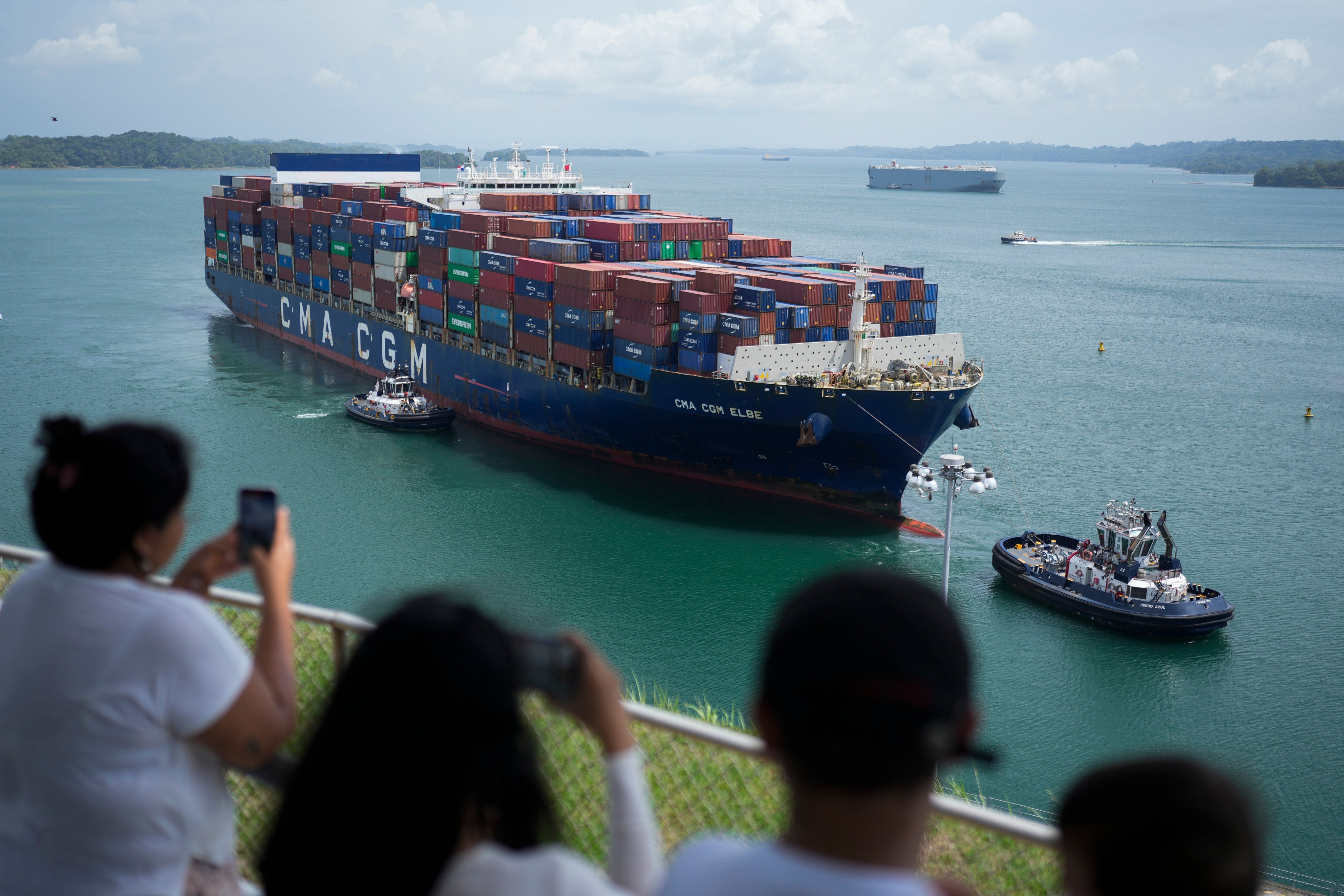 A cargo ship sails through the Agua Clara locks of the Panama Canal on May 12. Photo: AP