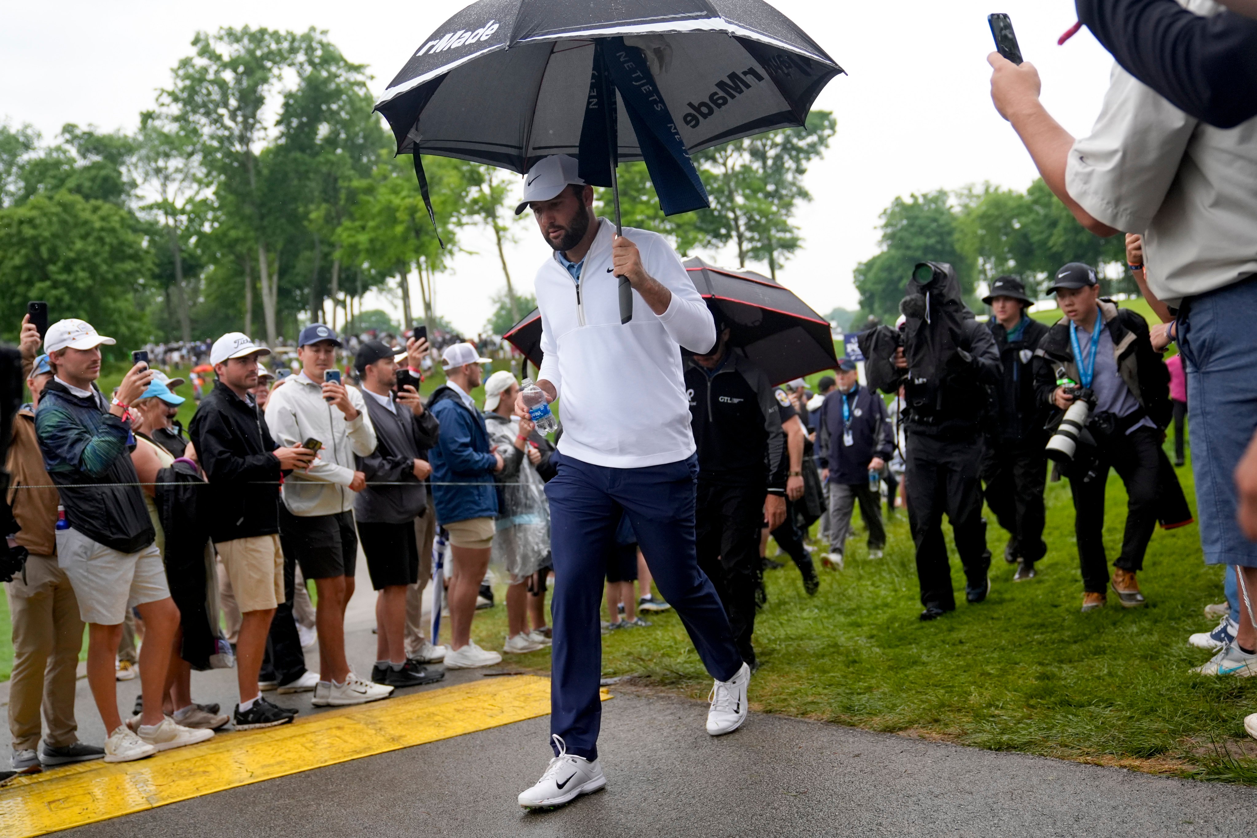 Scottie Scheffler walks to the tee on the 11th hole during the second round of the PGA Championship golf tournament at the Valhalla Golf Club on Friday. Photo: AP