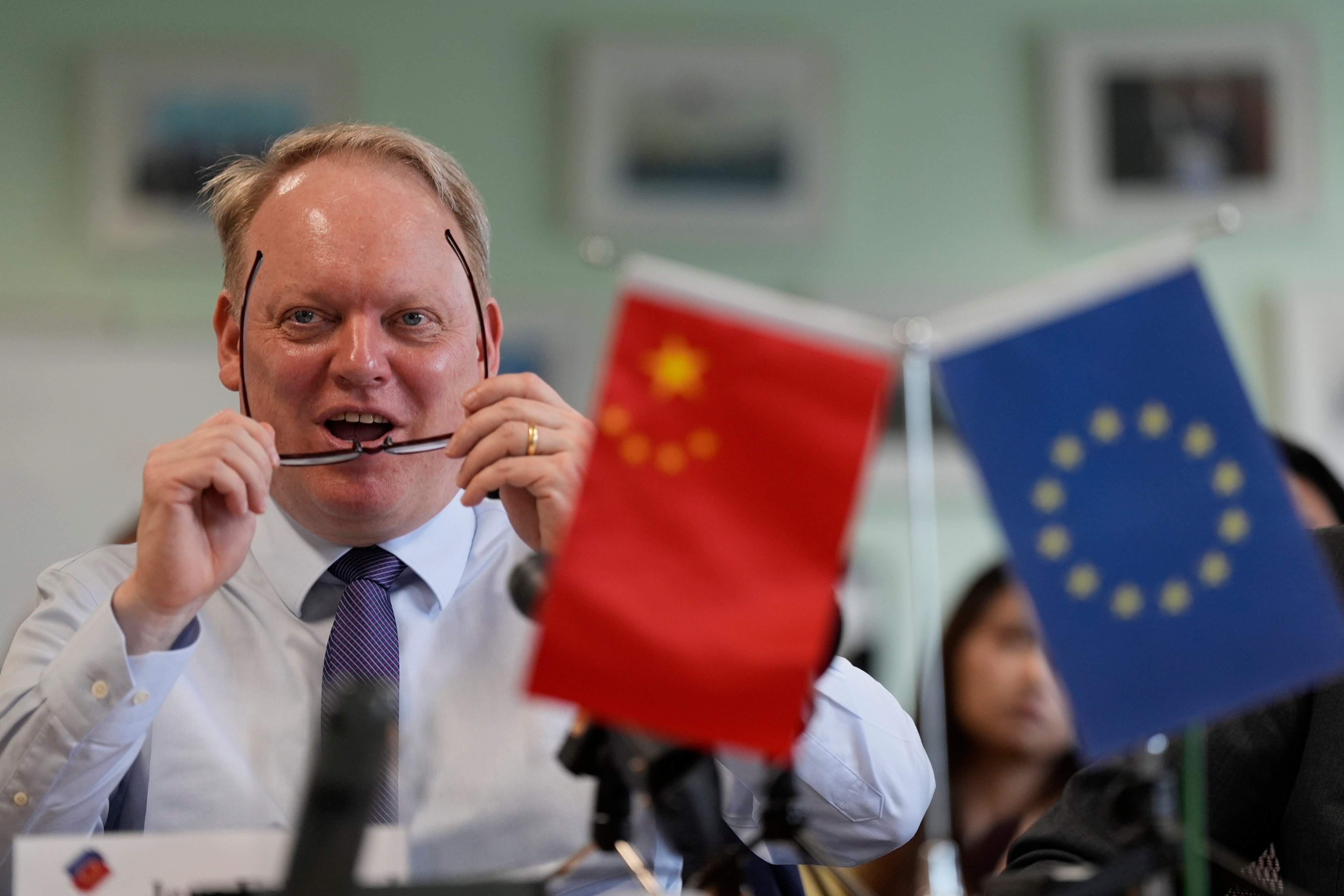 Jens Eskelund, president of the European Union Chamber of Commerce in China, speaks during a press conference in Beijing on May 10. Photo: AP