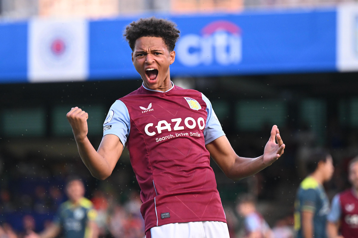 Omari Kellyman celebrates scoring for Aston Villa in last year’s Soccer Sevens cup final. Photo: HKFC Citi Soccer Sevens