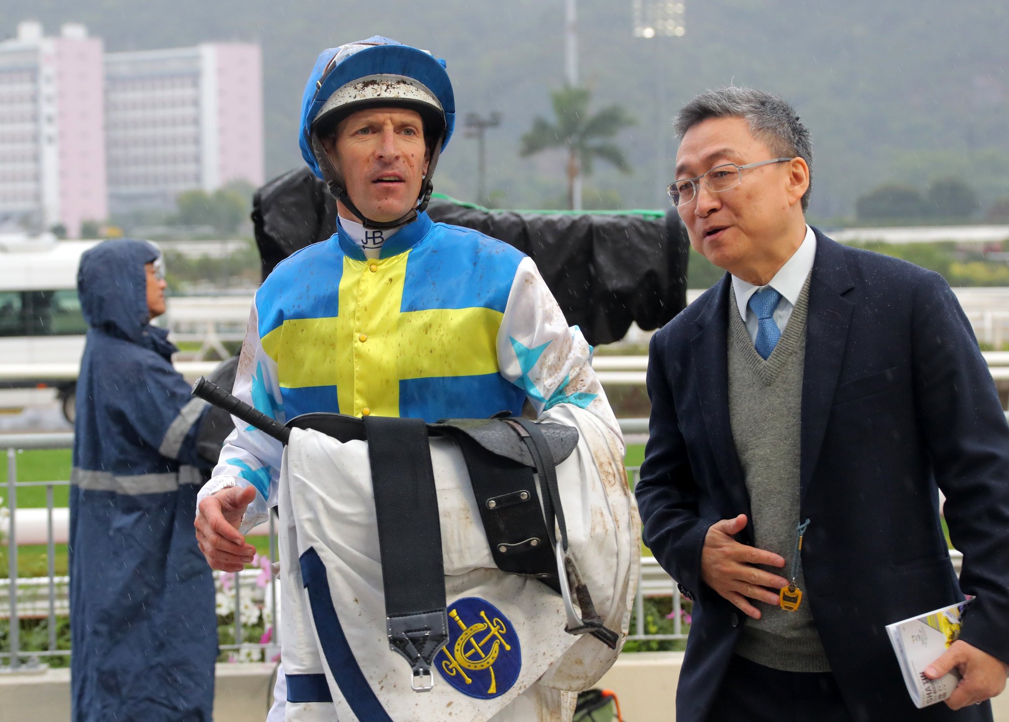 Jockey Hugh Bowman and trainer Francis Lui return to the weighing room after Patch Of Theta’s first win.