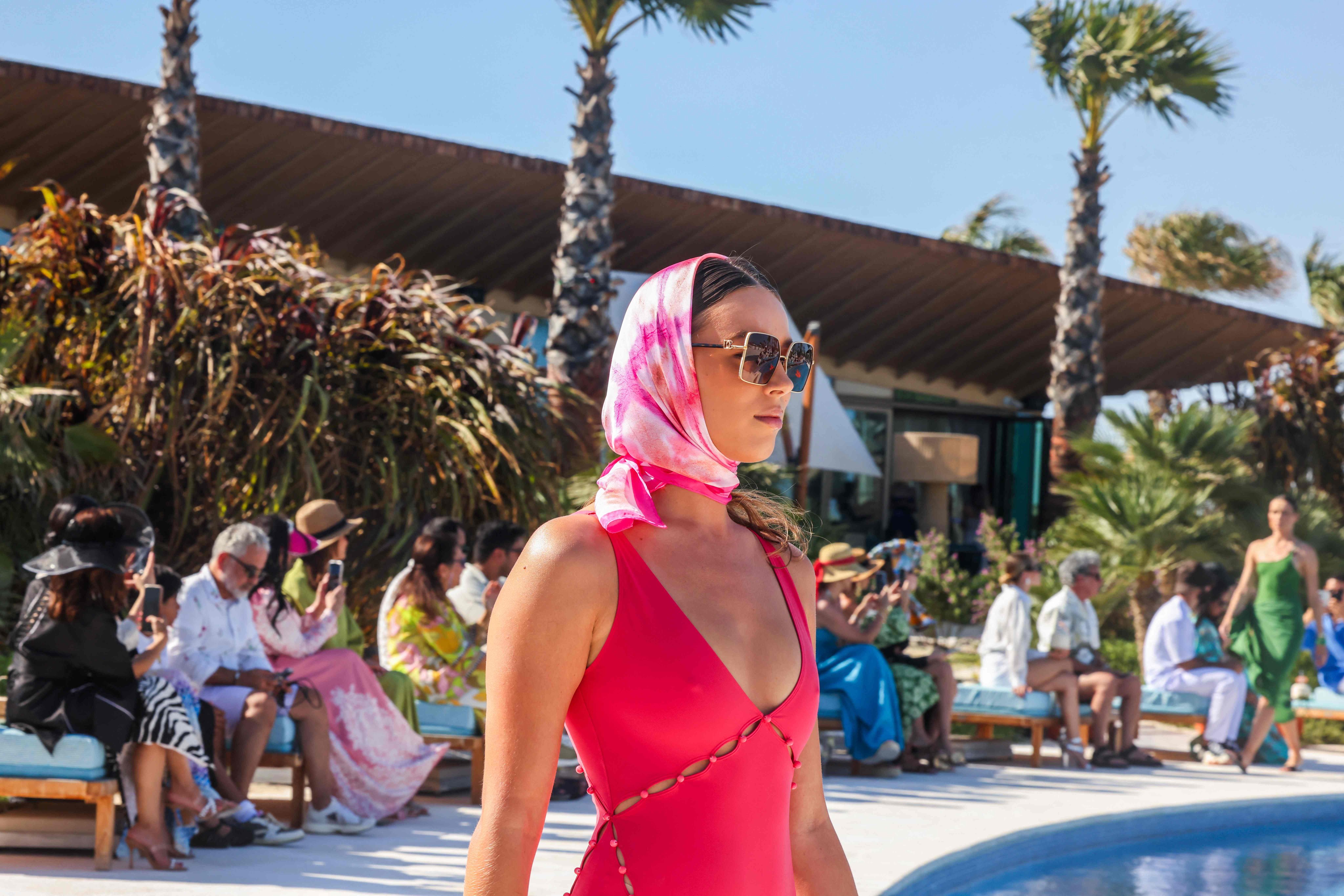 A model presents a swimsuit by Moroccan designer Yasmina Qanzal at Saudi Arabia’s Red Sea resort on Ummahat Island on Friday. Photo: AFP