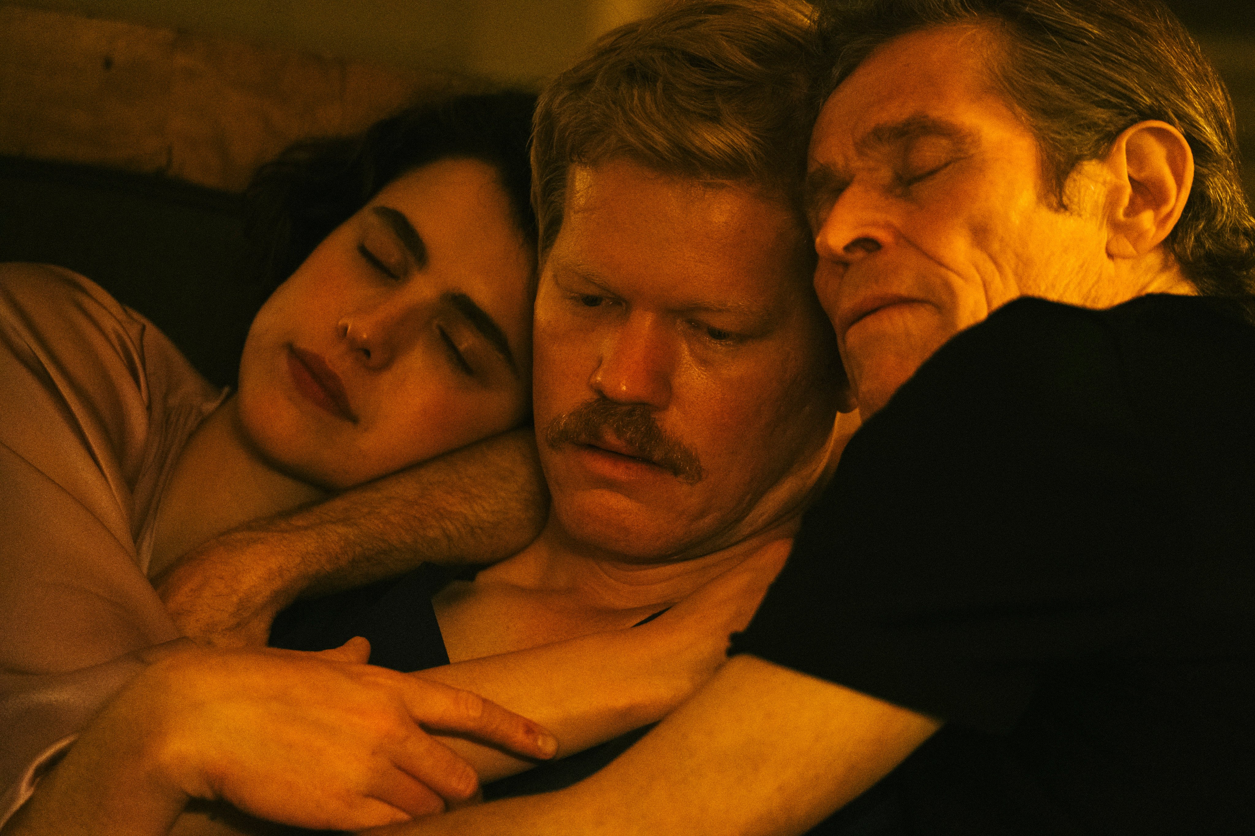 (From left) Margaret Qualley, Jesse Plemons and Willem Dafoe in a still from Kinds of Kindness.