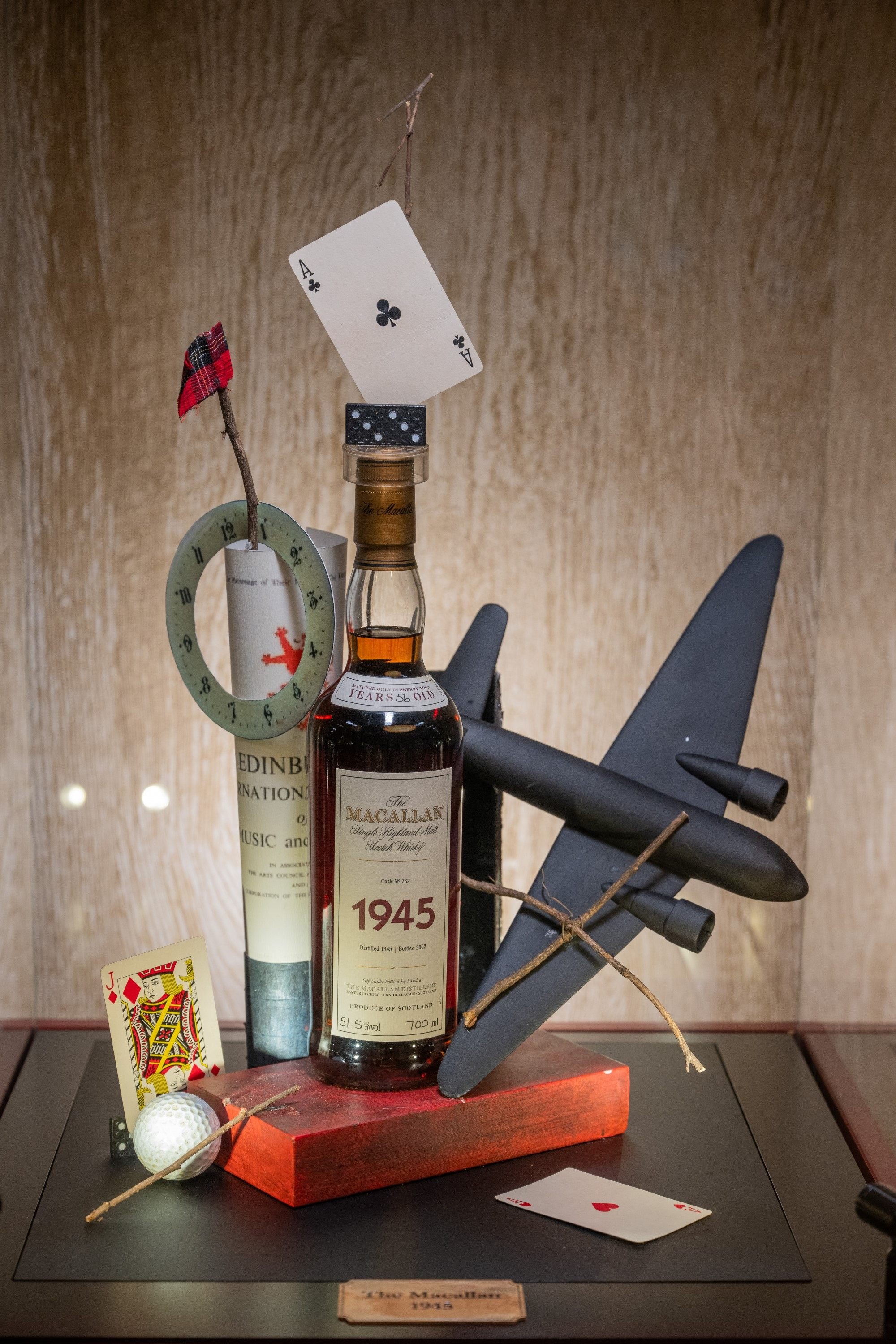 A bottle of 1945 Macallan single malt Scotch whisky on display as part of the “Time Travel: the Macallan 200 Years Young” exhibition at The Macallan Whisky Bar & Lounge at the Galaxy Macau resort in Macau, which celebrates the Macallan distillery’s 200th anniversary. Photo: Galaxy Macau