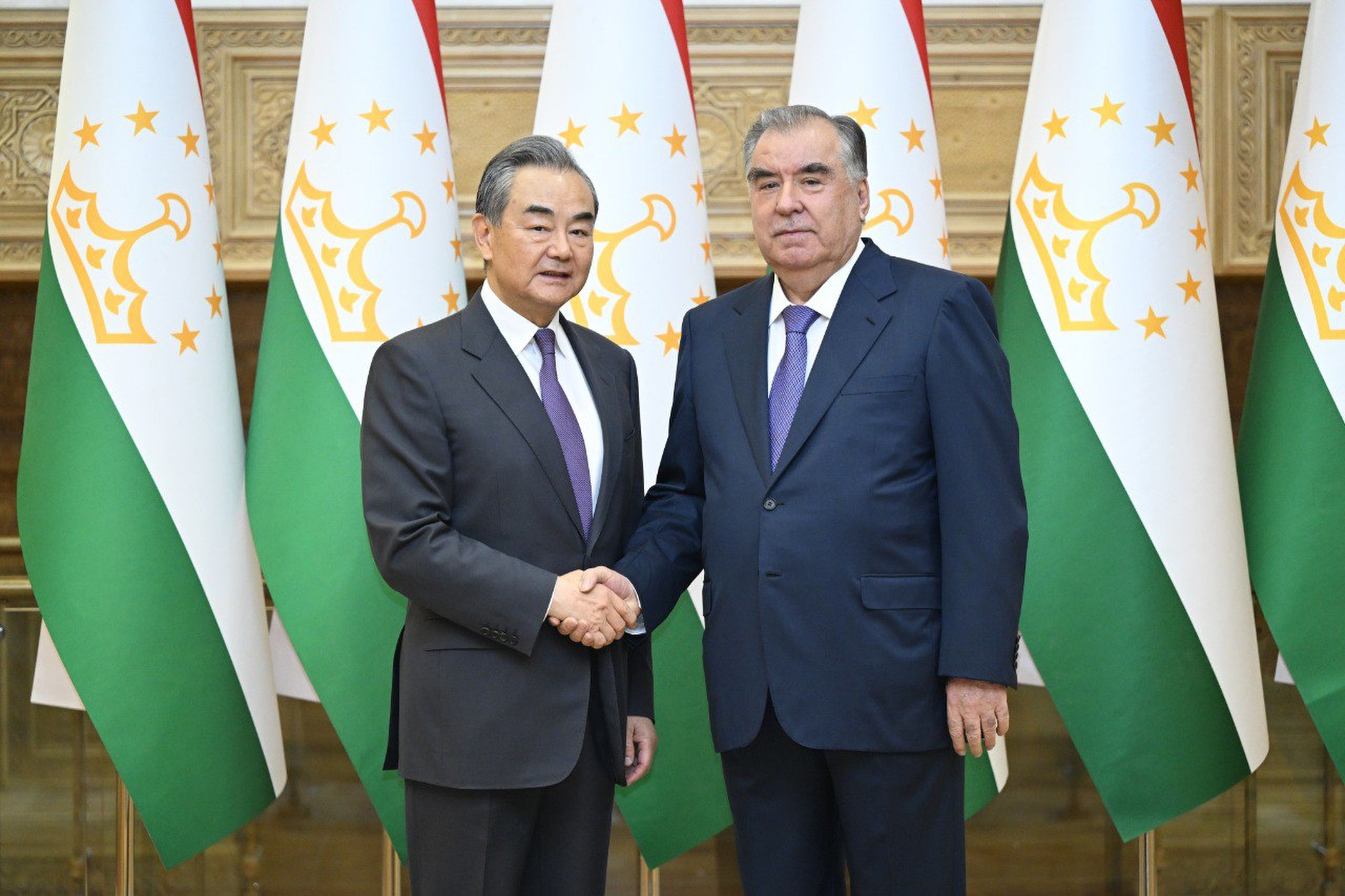 Chinese Foreign Minister Wang Yi meets Tajikistan’s President Emomali Rahmon at his official residence in the capital Dushanbe on Saturday. Photo: Handout