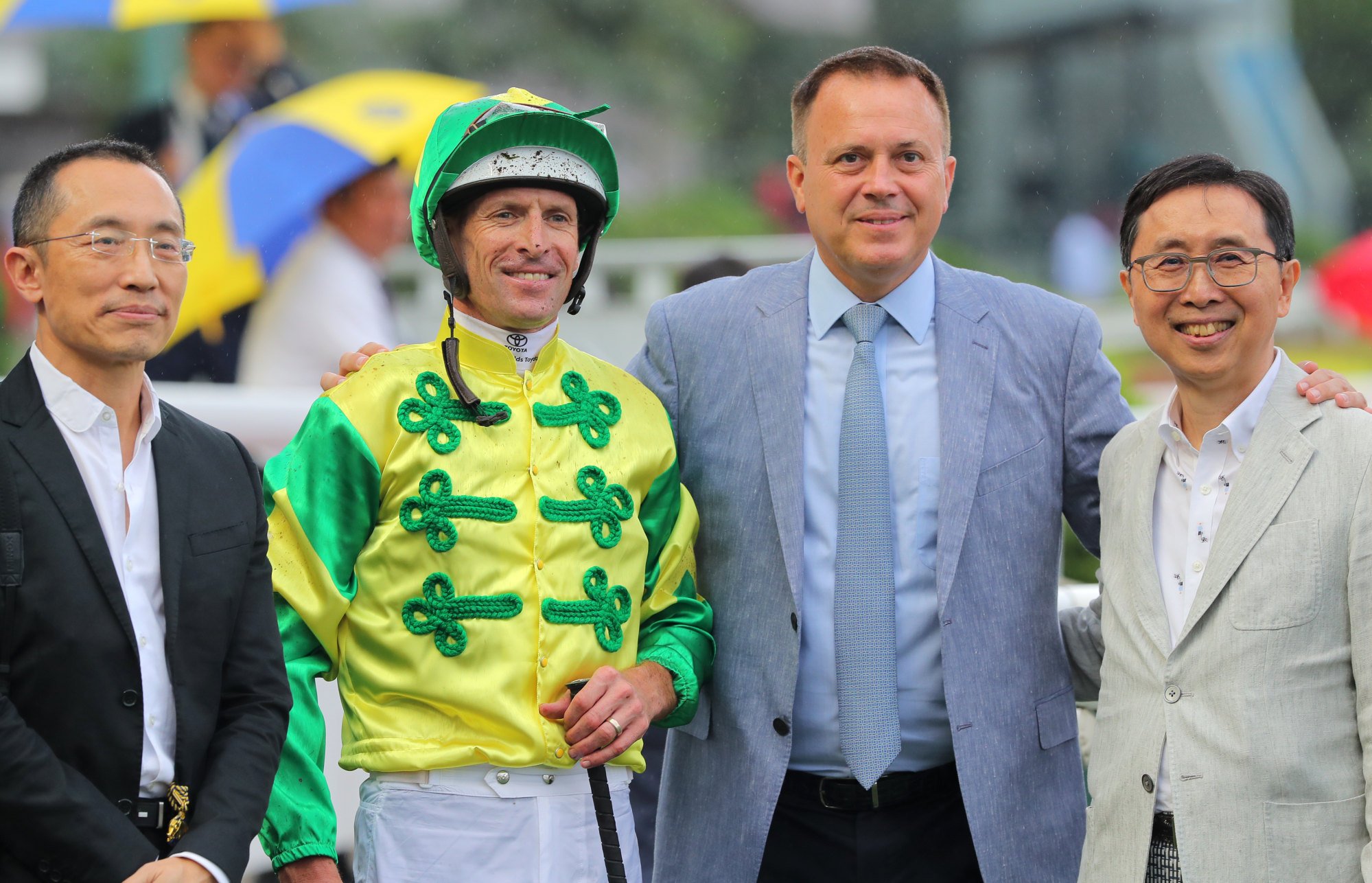 Hugh Bowman, Caspar Fownes and connections of Sky Trust celebrate the gelding’s win.