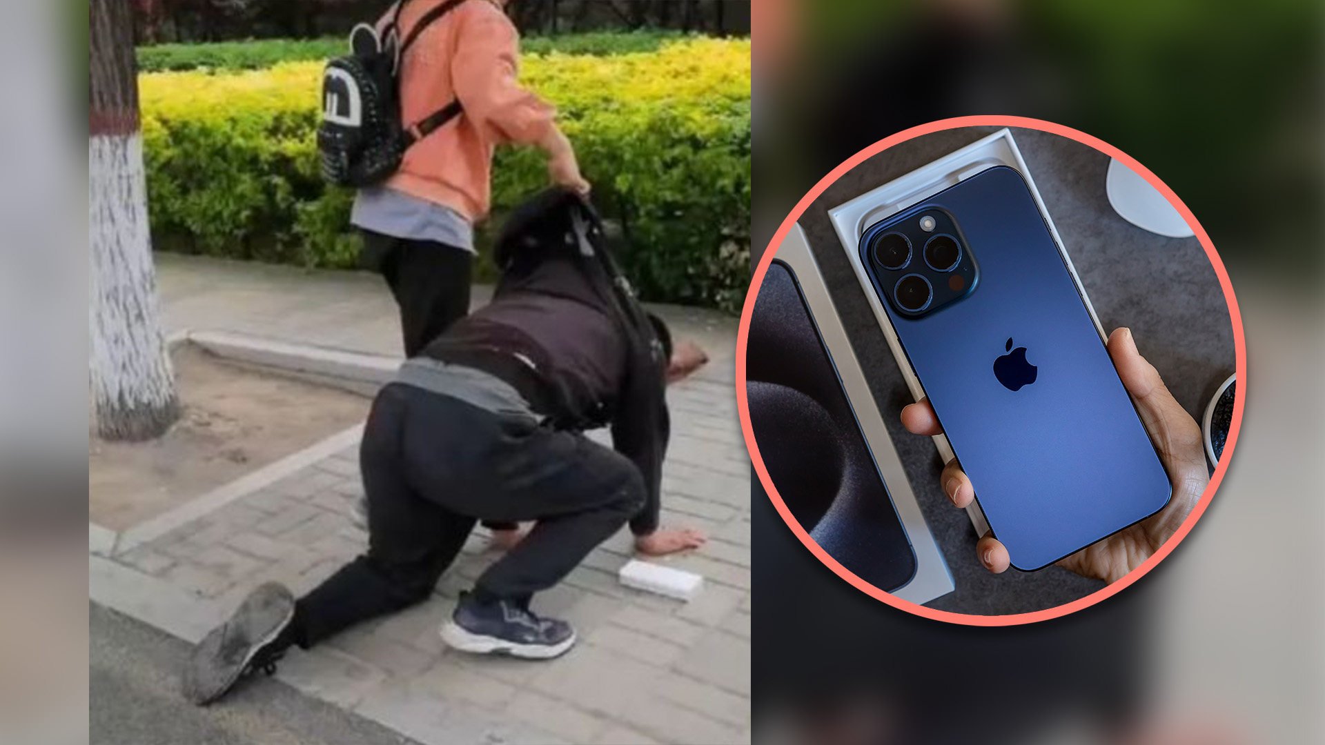 A Chinese father, kneeling on the street, ignited a passionate online discussion after his daughter embarrassed him for lacking the funds to purchase her a phone. Photo: SCMP composite/Shutterstock/Baidu