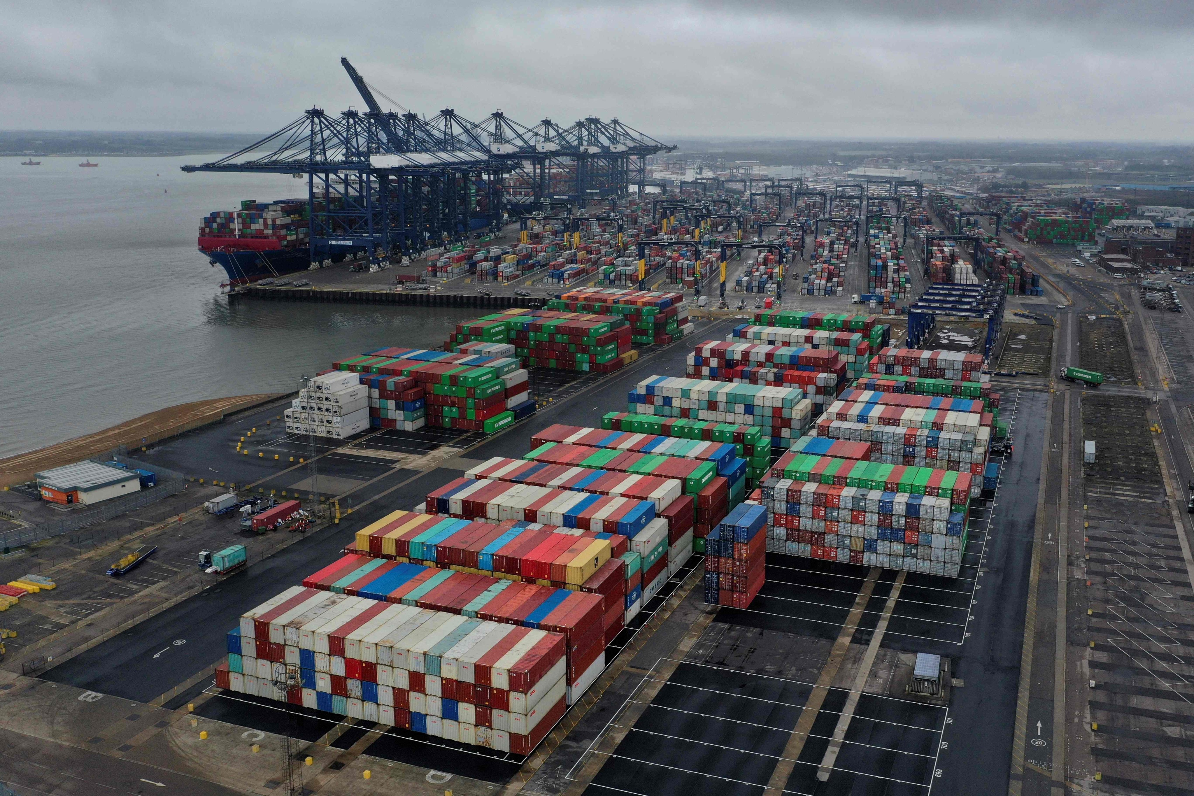 Shipping containers are seen in the Port of Felixstowe, east of London, in March 2021. The trade deal with India could help Britain open up access to the vast Indian market. Photo: AFP