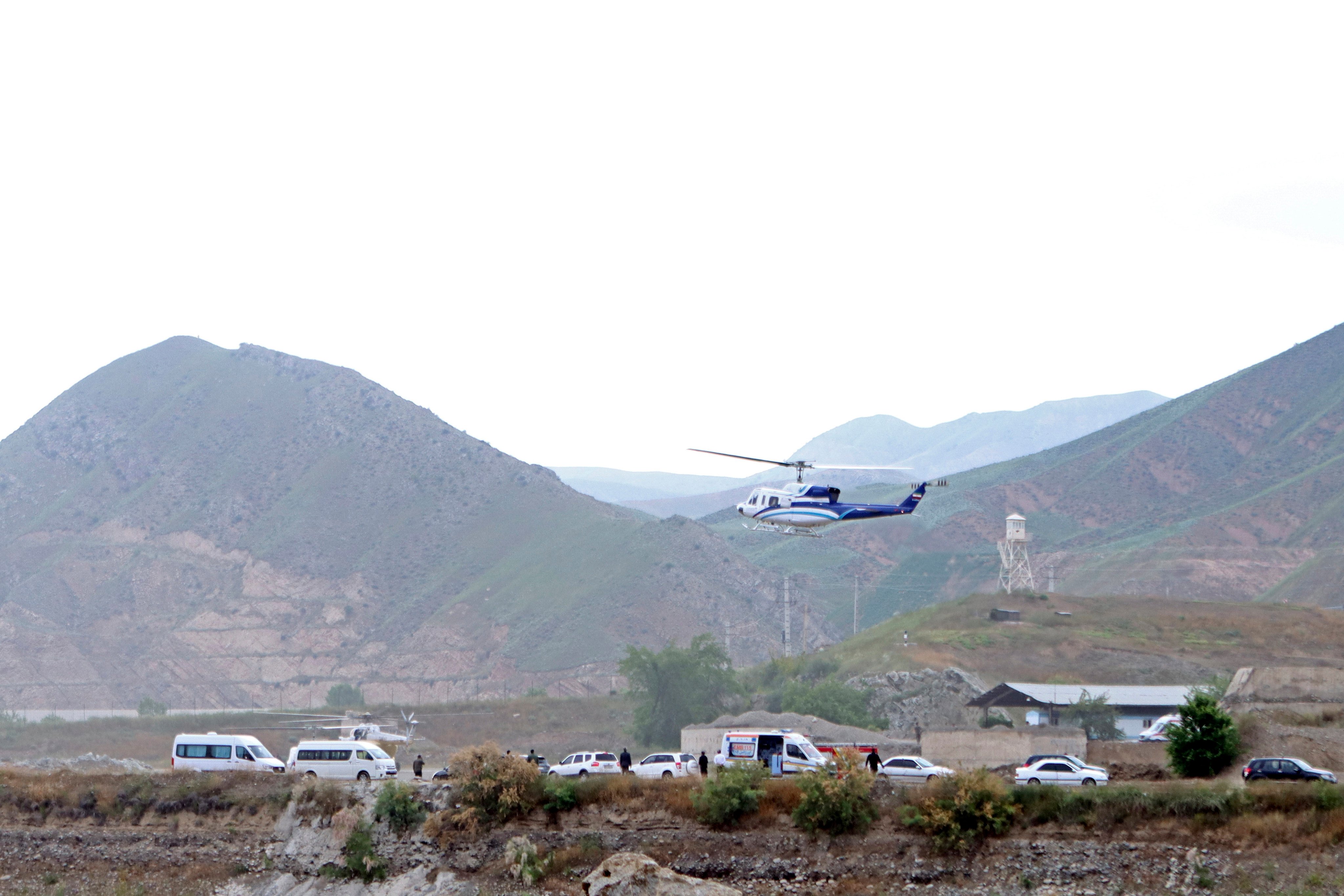 The helicopter carrying Iranian President Ebrahim Raisi taking off on Sunday. Photo: IRNA via AP
