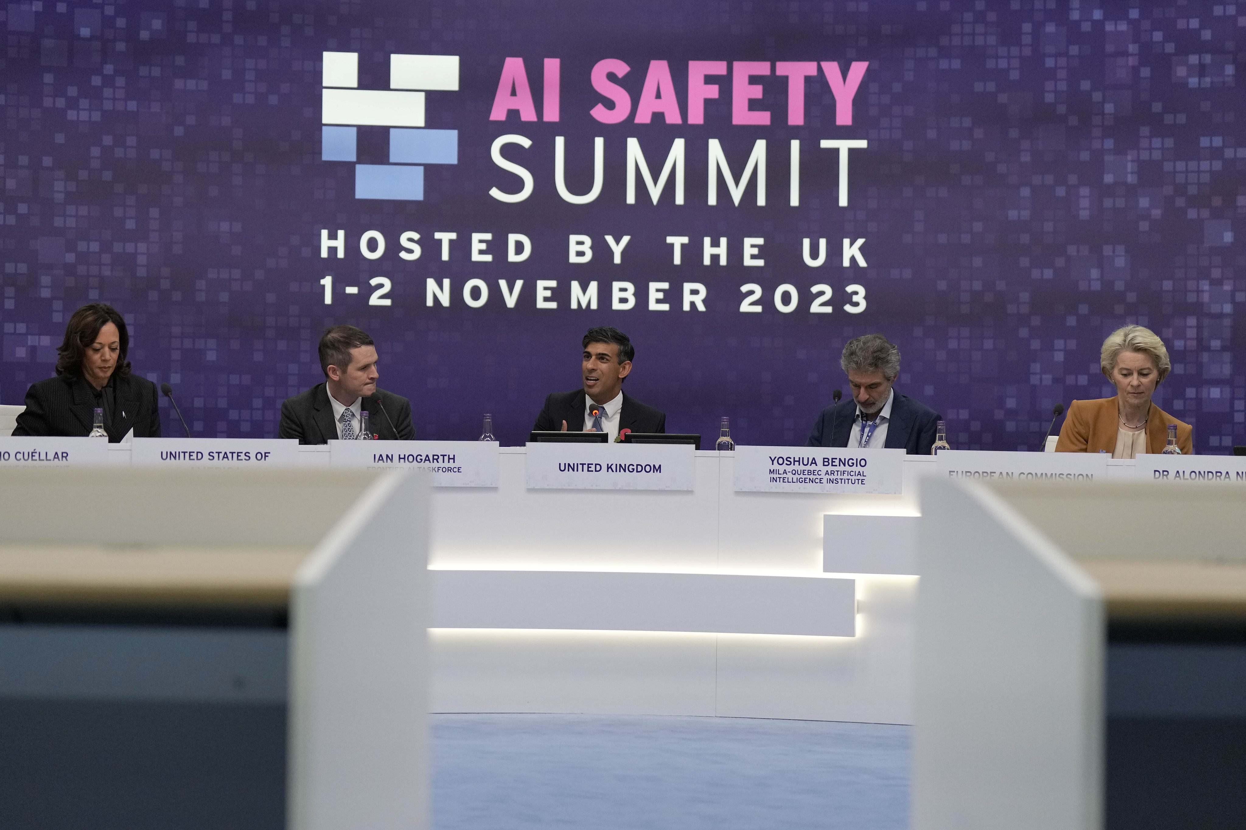Britain’s Prime Minister Rishi Sunk, centre, speaks during a plenary session at the AI Safety Summit in Milton Keynes, England, on November 2, 2023. Photo: AP