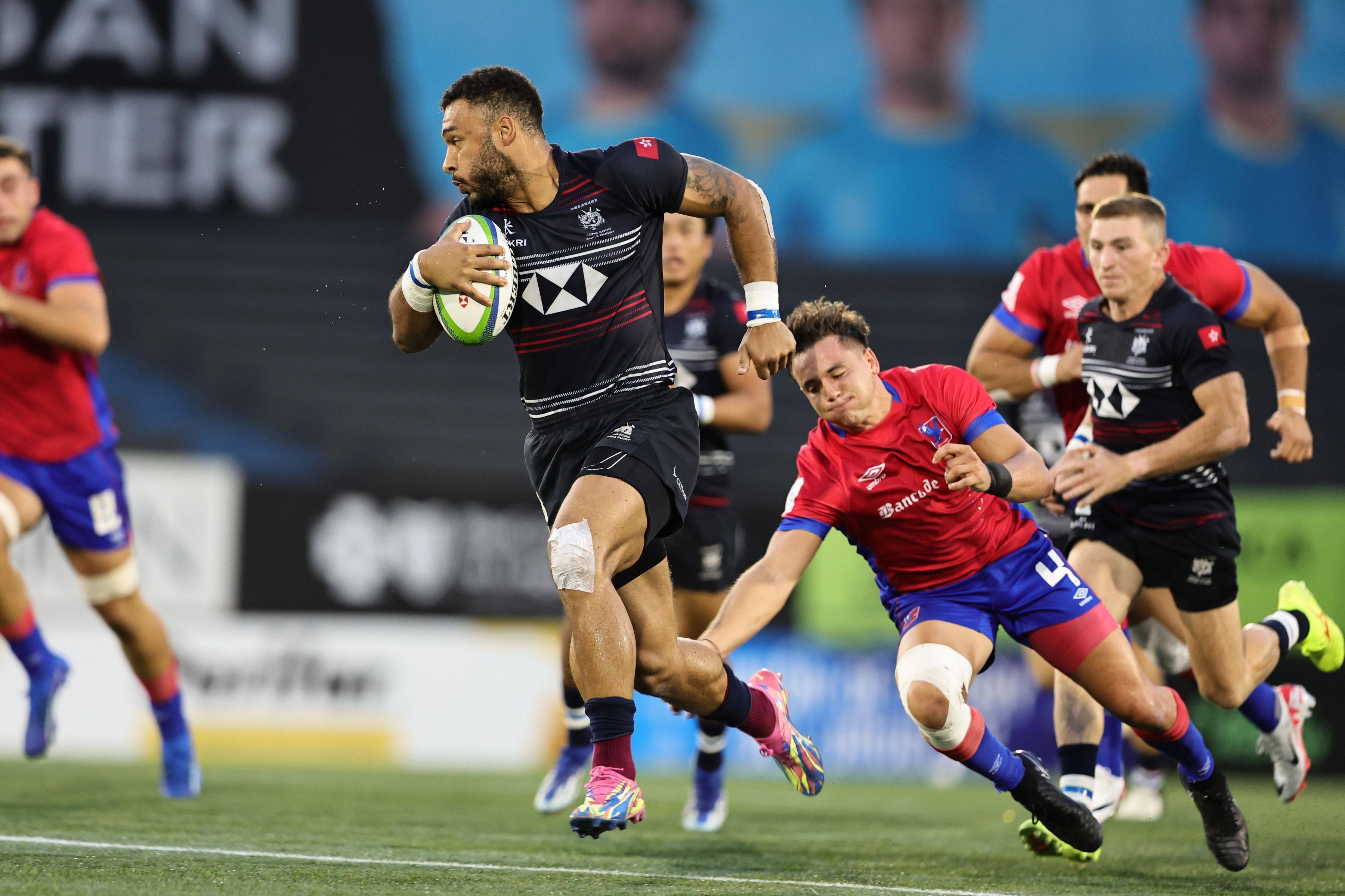 Max Denmark crossed twice in Hong Kong’s semi-final against Germany, but still finished on the losing side. Photo: World Rugby