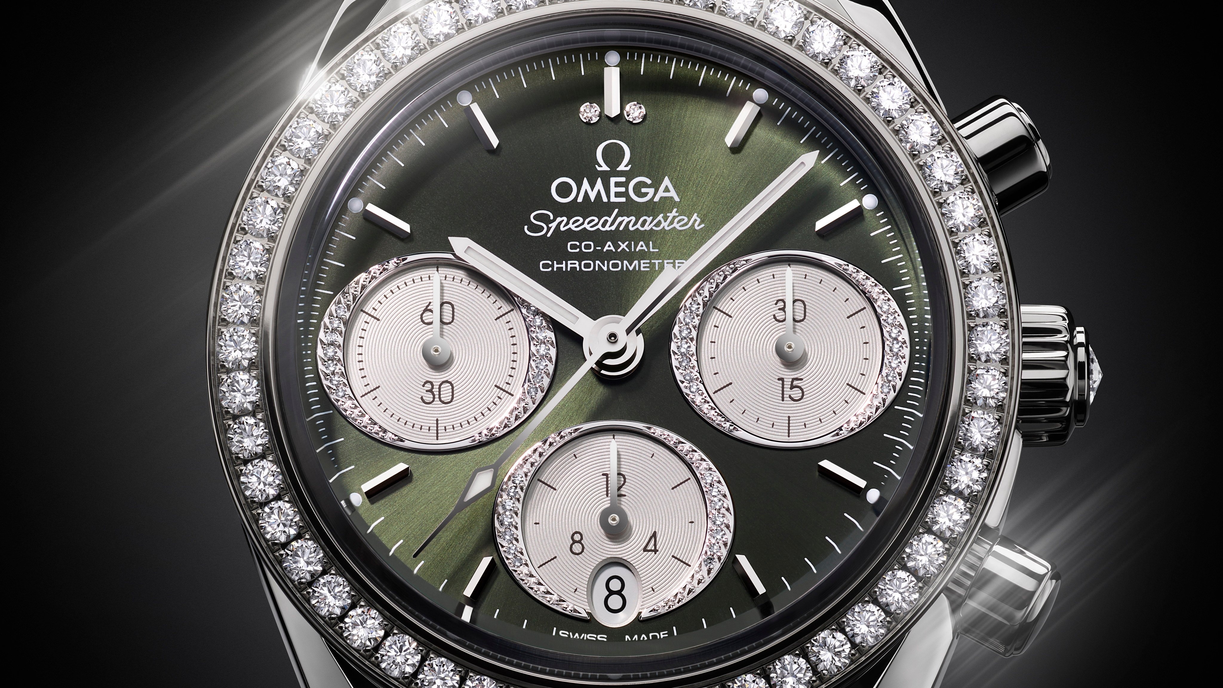 Omega’s Speedmaster Co-Axial Chronometer watch is glittering with diamonds. Photos: Handout