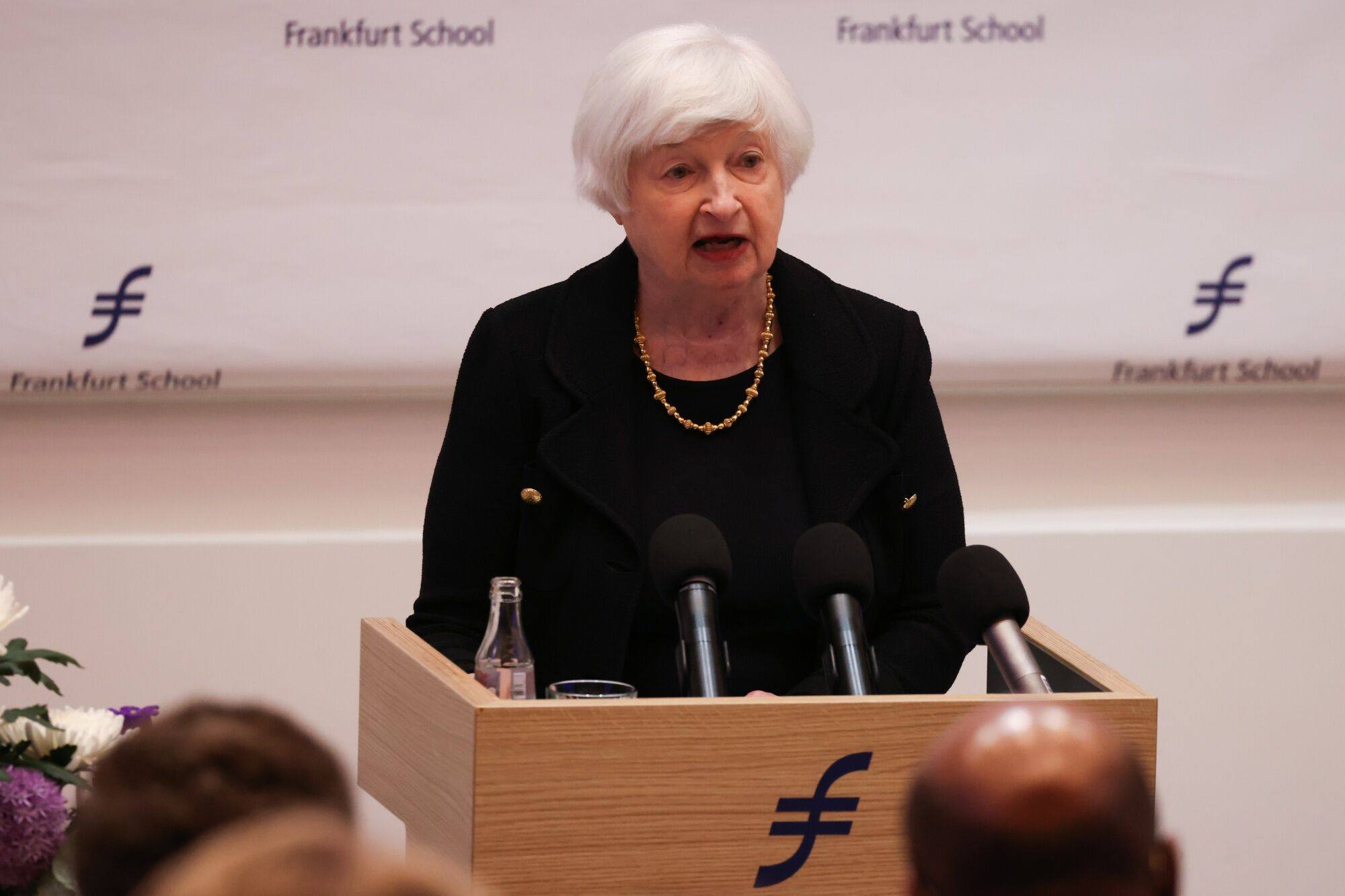 Janet Yellen, US treasury secretary, delivers a speech at the Frankfurt School of Finance and Management in Frankfurt, Germany, on Tuesday. Yellen said the US, Europe must respond in “united way” to China’s overcapacity. Photo: Bloomberg