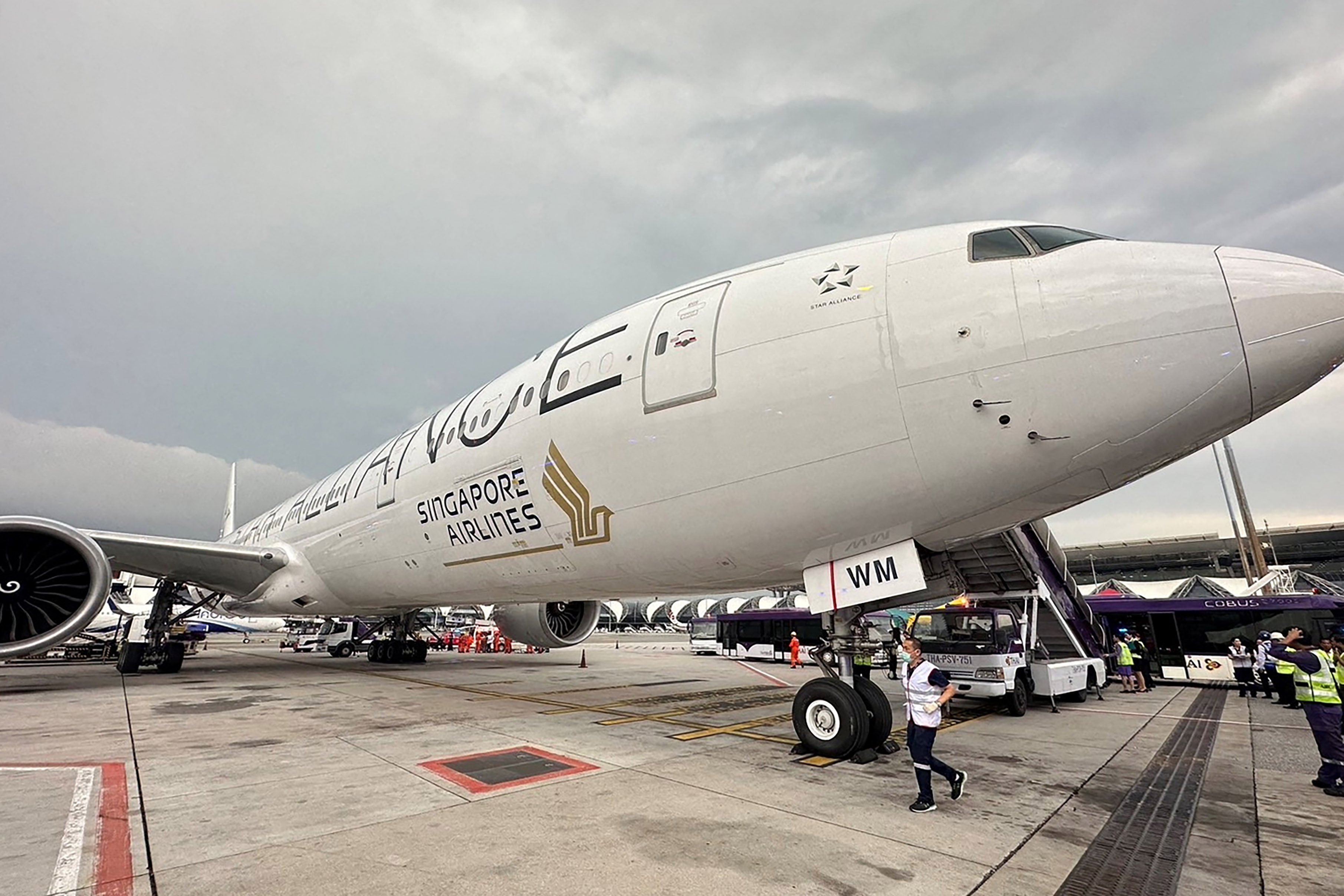 A Singapore Airlines aircraft is seen on the tarmac after requesting an emergency landing at Bangkok’s Suvarnabhumi International Airport on May 21. Photo: Reuters