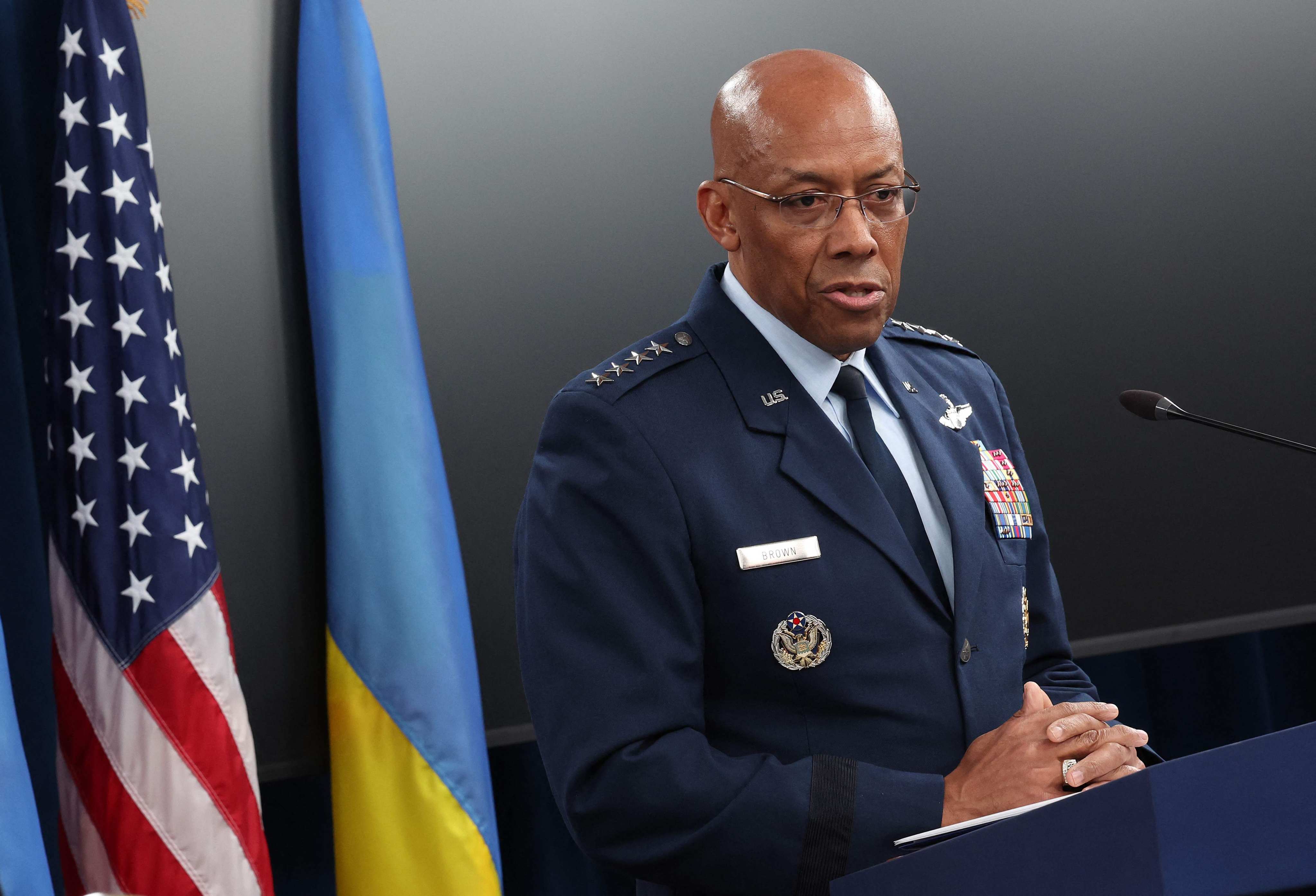 General Charles Q Brown, US Chairman of the Joint Chiefs of Staff, following a meeting of the Ukraine Defence Contact Group at the Pentagon on Monday. Photo: Getty Images via AFP 
