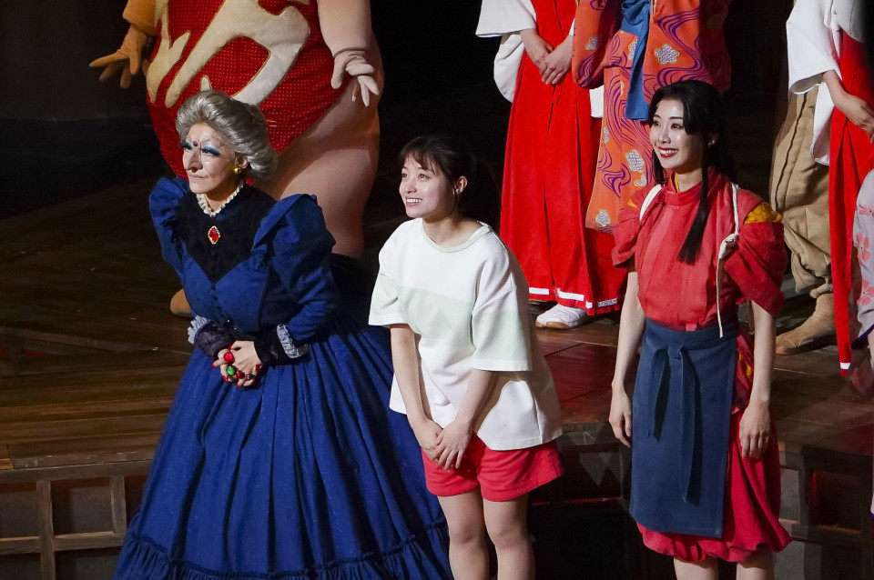 The live version of Hayao Miyazaki’s hit anime Spirited Away has found new fans in London’s West End. Above: Mari Natsuki, 72, as Yubaba (left), Kanna Hashimoto (centre),  and other cast members receive the audience applause during a curtain call at its London premiere at the Coliseum. Photo: Toho 